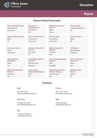 Oliver James Associates
Recruitment Specialists
Discipline
Discipline
Digital
Recent Global Placements
Digital Product Director	
Bank	
UK
Senior UX Researcher	
Consultancy	
Hong Kong
UX Consultant	
Consultancy	
Hong Kong
Head of Content	
Media	
UK
Head of Digital Product 	
General Insurer
Hong Kong
Experience
Design Director	
Consultancy	
UK
Digital Non Executive
Director	
Media
France
Head of Digital
Professional Services	
UK
Ecommerce Lead	
FMCG
Hong Kong
Customer Experience
Director	
Life Insurer	
UK
Digital Programme
Manager	
Oil & Gas
USA
UX Designer	
Asset Manager	
Singapore
Digital Transformation
Manager	
Life Insurer 	
UK
Senior Digital
Engagement Manager	
Bank	
UK
Digital Transformation
Program Manager
General Insurer
Italy
Digital Strategy
Director	
Agency
UK
Head of Digital
Acquisition	
Retail	
UK
Lead Digital Solutions
Architect	
General Insurer
Singapore
Senior Digital Marketing
Manager	
Bank	
Singapore
Head of Customer
Experience	
Media
Italy
France
+33 1 76 77 46 30
france@ojassociates.com
Asia
+852 5804 9200
hong.kong@ojassociates.com
UK
+44 (0) 207 649 9464
info@ojassociates.com
Italy
+39 02 3600 6810
italy@ojassociates.com
Germany
+49 (0)89 2109 3935
germany@ojassociates.com
Contacts
 