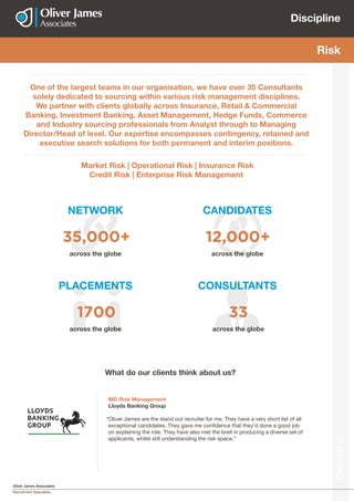 Oliver James Associates
Recruitment Specialists
Discipline
Discipline
Risk
One of the largest teams in our organisation, we have over 35 Consultants
solely dedicated to sourcing within various risk management disciplines.
We partner with clients globally across Insurance, Retail & Commercial
Banking, Investment Banking, Asset Management, Hedge Funds, Commerce
and Industry sourcing professionals from Analyst through to Managing
Director/Head of level. Our expertise encompasses contingency, retained and
executive search solutions for both permanent and interim positions.
Market Risk | Operational Risk | Insurance Risk
Credit Risk | Enterprise Risk Management
MD Risk Management
Lloyds Banking Group
“Oliver James are the stand out recruiter for me. They have a very short list of all
exceptional candidates. They gave me confidence that they’d done a good job
on explaining the role. They have also met the brief in producing a diverse set of
applicants, whilst still understanding the risk space.”
What do our clients think about us?
NETWORK
PLACEMENTS CONSULTANTS
CANDIDATES
across the globe
across the globe across the globe
across the globe
35,000+
1700 33
12,000+
 