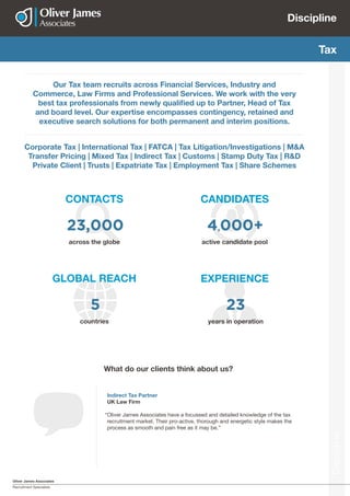 Oliver James Associates
Recruitment Specialists
Discipline
Discipline
CONTACTS
EXPERIENCE
CANDIDATES
Tax
Our Tax team recruits across Financial Services, Industry and
Commerce, Law Firms and Professional Services. We work with the very
best tax professionals from newly qualified up to Partner, Head of Tax
and board level. Our expertise encompasses contingency, retained and
executive search solutions for both permanent and interim positions.
Corporate Tax | International Tax | FATCA | Tax Litigation/Investigations | M&A
Transfer Pricing | Mixed Tax | Indirect Tax | Customs | Stamp Duty Tax | R&D
Private Client | Trusts | Expatriate Tax | Employment Tax | Share Schemes
across the globe
years in operation
active candidate pool
23,000
23
4,000+
GLOBAL REACH
countries
5
Indirect Tax Partner
UK Law Firm
“Oliver James Associates have a focussed and detailed knowledge of the tax
recruitment market. Their pro-active, thorough and energetic style makes the
process as smooth and pain free as it may be.”
What do our clients think about us?
 