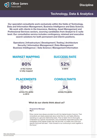 Oliver James Associates
Recruitment Specialists
Discipline
Discipline
Technology, Data & Analytics
Our specialist consultants work exclusively within the fields of Technology,
Data and Information Management, Business Intelligence and Data Science.
We work with clients in the Insurance, Banking, Asset Management and
Professional Services sectors, sourcing candidates from Analyst to C-suite
level. Our consultative service includes contingency, retained and executive
search solutions for both permanent and interim positions.
Operations | Infrastructure | Development | Testing | Architecture
Security | Information Management | Data Management
Business Intellegence | Data Science | Management Information
MARKET MAPPING
PLACEMENTS CONSULTANTS
SUCCESS RATE
of the market
is fully mapped
across the globe
in 2015
across the globe
in 2015
80%
800+ 34
52%
Programme Manager
Big 4
“Oliver James have always provided me with the highest levels of service. Their
consultants are clearly passionate about what they do, and highly effective,
operating on a genuine-relationship basis. They’ve taken time to thoroughly
understand our specific requirements, and consistently responded quickly with
candidates of the highest quality that met the brief, no matter how niche and
specific that brief has been. I look forward to our continuing to work together in
the future.”
What do our clients think about us?
 