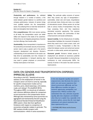 I N T R O D U C T I O N 5
Exhibit 0-1
Why More Women Are Needed in Transportation
Productivity and performance. As validated
through research in a number of sectors, a link
exists between gender balance in a workforce and
company performance. Inclusion of women brings
more qualified workers into the transportation
sector, thus allowing firms to meet their demands for
labor and strengthen their bottom lines.
Firm competitiveness. With more women working
at all levels, the transportation sector can better
reflect and respond to the needs of its customers.
Where firms do not integrate perspectives of women
into their offerings, their brands suffer.
Sustainability. Given transportation’s importance to
the productivity and domestic security of economies,
women need to play a greater part in the sector’s
long-term development and direction. Women’s
understanding of and commitment to the sector can
help drive its sustainability over time. Inclusion of
women’s perspectives in transport planning also
may result in greater emphasis on environment-
friendly travel options in the future.
Safety. The particular safety concerns of women
when they access any type of transportation—
automobiles, street cars and buses, long-distance
and commuter trains, ferries and more—is a matter
of international concern. Where women do not feel
safe on various modes of transportation, they may
forgo accessing them, and thus experience
diminished economic opportunity. This outcome
deprives their families and communities of their
critical economic and social contributions.
Upward mobility. As the infrastructrure of mobility,
transportation facilitates the movement of people to
where they need to be in order to learn, work, and
contribute to society. Transportation is often the
critical link between women and school and women
and work—in other words, women and opportunity.
Economic growth. Women’s limited access to
employment can diminish an economy’s potential
for growth. Because transportation is among the top
contributors to most economy-wide GDPs, the
scarcity of women in the sector has clear economic
repercussions.
DATA ON GENDER AND TRANSPORTATION: DISPERSED,
IMPRECISE, ELUSIVE
According to the ILO, “detailed and accurate
statistics on the employment of women in the
transport sector are hard to come by, especially
for specific transportation modes such as
maritime, ports, inland waterways, civil aviation,
roads, and railways” (Turnbull/ILO 2013).
Throughout APEC, no shared set of indicators
with common definitions allows for comparison
across economies in the transportation sector.
Although data maintained by some economies are
aggregated and maintained by the ILO using the
International Standard Industrial Classification
(ISIC) system, these data have significant
limitations with respect to comparison of
economies and gender analysis in particular. The
ISIC statistics bundle transport with
communications—which in some economies is
In the area of gender equality and women’s
empowerment, data illuminate the extent to
which men and women experience their
shared environments differently, and how
those differences translate into gaps in
economic opportunity, participation, and
empowerment. Without numbers that
substantiate their case, advocates of gender
equality often face skepticism and disbelief
when they try to explain how, especially in the
economic sphere, women face far more legal,
institutional, and cultural constraints than
those experienced by men.
—US-ATAARI, APEC Women and the Economy
Dashboard
 