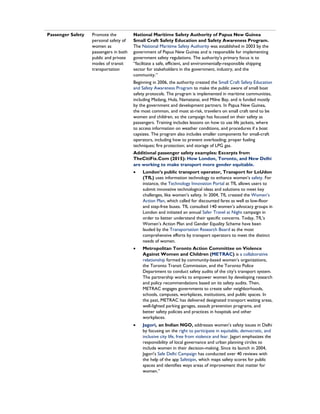 Passenger Safety Promote the
personal safety of
women as
passengers in both
public and private
modes of transit
transportation
National Maritime Safety Authority of Papua New Guinea
Small Craft Safety Education and Safety Awareness Program.
The National Maritime Safety Authority was established in 2003 by the
government of Papua New Guinea and is responsible for implementing
government safety regulations. The authority’s primary focus is to
“facilitate a safe, efficient, and environmentally-responsible shipping
sector for stakeholders in the government, industry, and the
community.”
Beginning in 2006, the authority created the Small Craft Safety Education
and Safety Awareness Program to make the public aware of small boat
safety protocols. The program is implemented in maritime communities,
including Madang, Hula, Namatanai, and Milne Bay, and is funded mostly
by the government and development partners. In Papua New Guinea,
the most common, and most at-risk, travelers on small craft tend to be
women and children, so the campaign has focused on their safety as
passengers. Training includes lessons on how to use life jackets, where
to access information on weather conditions, and procedures if a boat
capsizes. The program also includes smaller components for small-craft
operators, including how to prevent overloading; proper fueling
techniques; fire protection; and storage of LPG gas.
Additional passenger safety examples: Excerpts from
TheCitiFix.Com (2015): How London, Toronto, and New Delhi
are working to make transport more gender equitable.
• London’s public transport operator, Transport for LoUdon
(TfL) uses information technology to enhance women’s safety. For
instance, the Technology Innovation Portal at TfL allows users to
submit innovative technological ideas and solutions to meet key
challenges, like women’s safety. In 2004, TfL created the Women’s
Action Plan, which called for discounted fares as well as low-floor
and step-free buses. TfL consulted 140 women’s advocacy groups in
London and initiated an annual Safer Travel at Night campaign in
order to better understand their specific concerns. Today, TfL’s
Women’s Action Plan and Gender Equality Scheme have been
lauded by the Transportation Research Board as the most
comprehensive efforts by transport operators to meet the distinct
needs of women.
• Metropolitan Toronto Action Committee on Violence
Against Women and Children (METRAC) is a collaborative
relationship formed by community-based women’s organizations,
the Toronto Transit Commission, and the Toronto Police
Department to conduct safety audits of the city’s transport system.
The partnership works to empower women by developing research
and policy recommendations based on its safety audits. Then,
METRAC engages governments to create safer neighborhoods,
schools, campuses, workplaces, institutions, and public spaces. In
the past, METRAC has delivered designated transport waiting areas,
well-lighted parking garages, assault prevention programs, and
better safety policies and practices in hospitals and other
workplaces.
• Jagori, an Indian NGO, addresses women’s safety issues in Delhi
by focusing on the right to participate in equitable, democratic, and
inclusive city life, free from violence and fear. Jagori emphasizes the
responsibility of local governance and urban planning circles to
include women in their decision-making. Since its launch in 2004,
Jagori’s Safe Delhi Campaign has conducted over 40 reviews with
the help of the app Safetipin, which maps safety scores for public
spaces and identifies ways areas of improvement that matter for
women.”
 