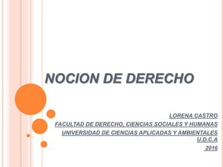 NOCION DE DERECHO
LORENA CASTRO
FACULTAD DE DERECHO, CIENCIAS SOCIALES Y HUMANAS
UNIVERSIDAD DE CIENCIAS APLICADAS Y AMBIENTALES
U.D.C.A
2016
 