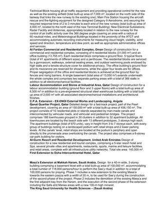 Technical Block housing all air traffic equipment and providing operational control for the new
as well as the existing airfield (total built-up area of 7,000 m², located on the north side of the
taxiway that links the new runway to the existing one); Main Fire Station housing the aircraft
rescue and fire-fighting equipment for the designed Category 9 Aerodrome, and securing the
required response time of 2 to 3 minutes to each end of the new runway (total built-up area of
4,000 m², located to the north east of the new Terminal Building); New Electrical Substations;
Radar Facility and Antennas, appropriately located in relation to the new runway for the
control of air traffic activity over the 360 degree angle covering an area with a radius of
60 nautical miles; and Meteorological Buildings located in the proximity of the ATCT and
accommodating automatic recording instruments for measuring cloud height, visibility, wind
speed and direction, temperature and dew point, as well as appropriate administrative offices
and services.
Al Fardan Commercial and Residential Complex, Oman Design of construction for a
commercial and residential complex, consisting of 4 residential blocks (31,000 m²) and an
office building (13,755 m²). Each residential block comprises a ground floor, 5 typical floors
(total of 41 apartments of different sizes) and a penthouse. The residential blocks are serviced
by a gymnasium, walkways, external seating areas, and outdoor swimming pools enclosed by
high walls and a tensile structure cover for additional privacy. The office building’s ground floor
and its mezzanine are reserved for showrooms, while the upper four levels are for offices.
Proper segregation of the office and residential blocks is achieved at the ground floor by
fences and rising barriers. A single basement (total area of 13,050 m²) extends underneath
the whole complex and comprises two separate parking areas with a total of 366 stalls in
addition to all electromechanical facilities.
Labour Accommodation and Stores at Industrial Area, Qatar Design of construction for a
labour accommodation building (ground floor and 3 upper floors) with a total built-up area of
6,500 m² in addition to a pre-engineered structural steel warehouse building with a total built-
up area of 2,000 m² with all associated electromechanical installations and architectural
finishes.
C.P.A. Extension - EX-DNOI External Works and Landscaping, Angola
Qanat Quartier Project, Qatar Detailed design for a fast-track project, part of the Pearl
development, covering an area of 150,000 m² with a total built-up area of 456,150 m². The
project consists of 10 residential plots or islands separated by man-made canals and
interconnected by vehicular roads, and vehicular and pedestrian bridges. The project
comprises 188 townhouses grouped in 30 clusters in addition to 32 apartment buildings. All
townhouses are located by the beach side with 13 different prototypes, 3 storeys high each.
The apartment buildings (total of 970 units), vary in height from 3 to 7 storeys each, with every
group of buildings resting on a landscaped podium with retail shops and 2 lower parking
levels. At the canals’ level, retail shops are located at the podium’s periphery and open
directly to the promenade area overlooking the canals. The project also comprises a 6-storey
car-park building for visitors.
Al-Gurm Resort and Residential Development, United Arab Emirates Design of
construction for a new residential and tourist complex, comprising a 5-star resort hotel and
Spa, several private villas and apartments, restaurants, sports, marine and leisure facilities,
and retail areas, complete with all infrastructure utility networks. Total site area: 145,500 m².
First Extension to Doha Intercontinental Hotel, Qatar
Masa'a Extension at Makkah Haram, Saudi Arabia. Design for a 40-m wide, 3-storey
building comprising a basement level with a total built-up area of 100,000 m², accommodating
a total number of 118,000 persons/hour to perform the Sae’y ritual in addition to a total of
100,000 persons for praying. Phase 1 includes a new extension to the existing Masa’a
towards the eastern piazza with a width of 20 m, to be used for Sae’y during the construction
of the second phase of the project. Phase 2 includes the demolition of the existing Masa’a and
the first adjacent bay from the Haram, and the execution of the second phase of the extension
including the Safa and Marwa areas with a new 100-m high minaret.
The King Saud University for Health Sciences – (Saudi Arabia)
 