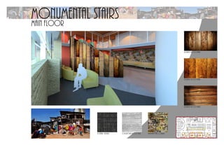 Monumental stairsmain floor
UP
Botoeira
Workstations
Team Room
Team Room
Storage
Waiting Area
Waiting
Area
Reception
Entry
Small Conference
Workstations
Large
Conference AV
Large
Conference
Comm.
Center
Casual Conference
Large
Conference
Large
Conference
AV
Phone
Booth
mohawk: midnight Concrete with wood print Newspaper wall covering
reclaimed wood planks
reclaimed wood planks
reclaimed wood planks
 