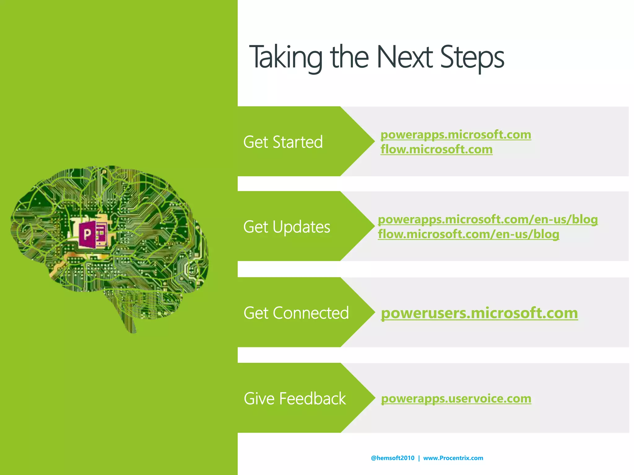 @hemsoft2010 | www.Procentrix.com
powerapps.microsoft.com
flow.microsoft.comGet Started
powerapps.microsoft.com/en-us/blog
flow.microsoft.com/en-us/blogGet Updates
powerusers.microsoft.comGet Connected
powerapps.uservoice.comGive Feedback
 