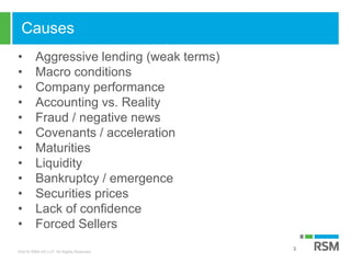 ©2016 RSM US LLP. All Rights Reserved.
Causes
• Aggressive lending (weak terms)
• Macro conditions
• Company performance
• Accounting vs. Reality
• Fraud / negative news
• Covenants / acceleration
• Maturities
• Liquidity
• Bankruptcy / emergence
• Securities prices
• Lack of confidence
• Forced Sellers
3
 