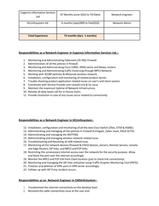 Cogencis Information Services
Ltd
67 Months (June 2010 to Till Date) Network Engineer
HCLInfosystem ltd. 6 months (sept2009 to Feb2010) Network Admin
Total Experience 73 months (6yrs 1 months)
Responsibilities as a Network Engineer in Cogencis Information Services Ltd.:-
1. Monitoring and Administrating Cyberoam (35 iNG) Firewall.
2. Administration of all the policies in firewall.
3. Monitoring and Administrating Cisco (18XX, 39XX) series and Maipu routers.
4. Monitoring and Administrating traffic traversing through MPLS Network.
5. Working with 3COM switches & Motorola wireless network.
6. Installation, configuration and monitoring of related product Server.
7. Trouble shooting product application related issues on user’s and client system.
8. Coordinate with Service Provide over Leased Line & ILL Issue.
9. Maintain the maximum Uptime of Network Infrastructure.
10. Resolve all daily bases call for In-House Users.
11. Provide resolution in case of any issues occur related to connectivity.
Responsibilities as a Network Engineer in HCLInfosystem:-
12. Installation, configuration and monitoring of all the new Cisco Switch (29xx, 3750 & 4506E).
13. Administrating and managing all the policies in Firewall (Fortigate, Cyber roam, PALO ALTO).
14. Administrating and managing the NATTING
15. Administrating and managing wireless network related issue.
16. Troubleshooting and Resolving all LAN related issue.
17. Monitoring all the network devices (firewall & CISCO devices, Servers, Remote Servers, remote
site Edge Router), ISP links, and MPLS and P2P links.
18. Restricting the unnecessary internet access over the network for the security purpose. Allow
and block the port over the internet accordingly.
19. Monitor the MPLS and P2P link from Client location (just to check link connectivity).
20. Monitoring and managing the ISP links utilization using Traffic Grapher Monitoring Tool (PRTG).
21. Creation and deletion of VPN users in VPN server accordingly.
22. Follows up with ISP if any incident occurs.
Responsibilities as an Network Engineer in CMSInfoSystem:-
1. Troubleshoot the internet connectivity on the desktop level.
2. Resolved the cable connectivity issue at the user end.
 