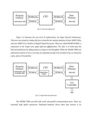 Fig 1.2: Harvard architecture
Figure 1.4 illustrates the next level of sophistication, the Super Harvard Architecture.
This term was coined by Analog Devices to describe the internal operation of their ADSP-2106x
and new ADSP-211xx families of Digital Signal Processors. These are called SHARC® DSPs, a
contraction of the longer term, Super Harvard ARChitecture. The idea is to build upon the
Harvard architecture by adding features to improve the throughput. While the SHARC DSPs are
optimized in dozens of ways, two areas are important enough to be included in fig: an instruction
cache, and an I/O controller.
Fig 1.3: Super Harvard architecture
The SHARC DSPs provides both serial and parallel communications ports. These are
extremely high speed connections. Dedicated hardware allows these data streams to be
 