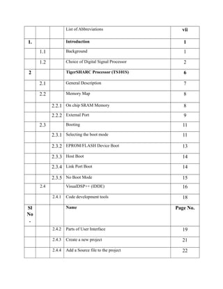 List of Abbreviations vii
1. Introduction 1
1.1 Background 1
1.2 Choice of Digital Signal Processor 2
2 TigerSHARC Processor (TS101S) 6
2.1 General Description 7
2.2 Memory Map 8
2.2.1 On chip SRAM Memory 8
2.2.2 External Port 9
2.3 Booting 11
2.3.1 Selecting the boot mode 11
2.3.2 EPROM/FLASH Device Boot 13
2.3.3 Host Boot 14
2.3.4 Link Port Boot 14
2.3.5 No Boot Mode 15
2.4 VisualDSP++ (IDDE) 16
2.4.1 Code development tools 18
Sl
No
.
Name Page No.
2.4.2 Parts of User Interface 19
2.4.3 Create a new project 21
2.4.4 Add a Source file to the project 22
 