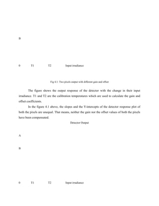 B
0 T1 T2 Input irradiance
Fig 4.1: Two pixels output with different gain and offset
The figure shows the output response of the detector with the change in their input
irradiance. T1 and T2 are the calibration temperatures which are used to calculate the gain and
offset coefficients.
In the figure 4.1 above, the slopes and the Y-intercepts of the detector response plot of
both the pixels are unequal. That means, neither the gain nor the offset values of both the pixels
have been compensated.
Detector Output
A
B
0 T1 T2 Input irradiance
 