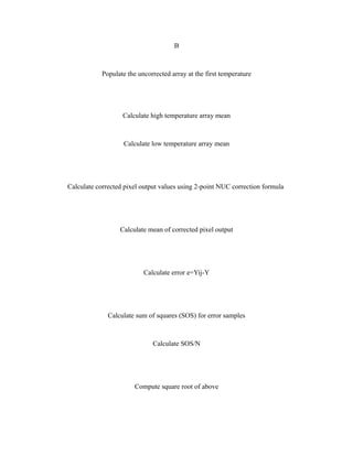 B
Populate the uncorrected array at the first temperature
Calculate high temperature array mean
Calculate low temperature array mean
Calculate corrected pixel output values using 2-point NUC correction formula
Calculate mean of corrected pixel output
Calculate error e=Yij-Y
Calculate sum of squares (SOS) for error samples
Calculate SOS/N
Compute square root of above
 