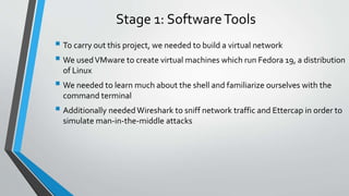 Stage 1: SoftwareTools
 To carry out this project, we needed to build a virtual network
 We usedVMware to create virtual machines which run Fedora 19, a distribution
of Linux
 We needed to learn much about the shell and familiarize ourselves with the
command terminal
 Additionally neededWireshark to sniff network traffic and Ettercap in order to
simulate man-in-the-middle attacks
 