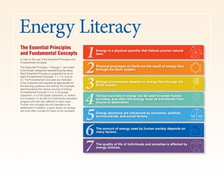 Energy Literacy
The Essential Principles
and Fundamental Concepts
A note on the use of the Essential Principles and
Fundamental concepts:
The Essential Principles, 1 through 7, are meant
to be broad categories representing big ideas.
Each Essential Principle is supported by six to
eight Fundamental Concepts: 1.1, 1.2, and so
on. The Fundamental Concepts are intended
to be unpacked and applied as appropriate for
the learning audience and setting. For example,
teaching about the various sources of energy
(Fundamental Concept 4.1) in a 3rd grade
classroom, in a 12th grade classroom, to visitors
of a museum, or as part of a community education
program will look very different in each case.
Further, the concepts are not intended to be
addressed in isolation; a given lesson on energy
will most often connect to many of the concepts.
Energy is a physical quantity that follows precise natural
laws.
1
Physical processes on Earth are the result of energy flow
through the Earth system.
2
Biological processes depend on energy flow through the
Earth system.
3Various sources of energy can be used to power human
activities, and often this energy must be transferred from
source to destination.4
Energy decisions are influenced by economic, political,
environmental, and social factors.
5
The amount of energy used by human society depends on
many factors.
6
The quality of life of individuals and societies is affected by
energy choices.
7
 