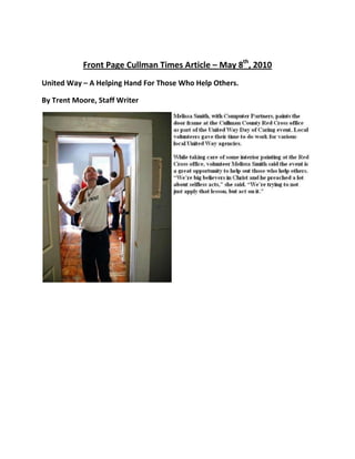 Front Page Cullman Times Article – May 8th
, 2010
United Way – A Helping Hand For Those Who Help Others.
By Trent Moore, Staff Writer
 