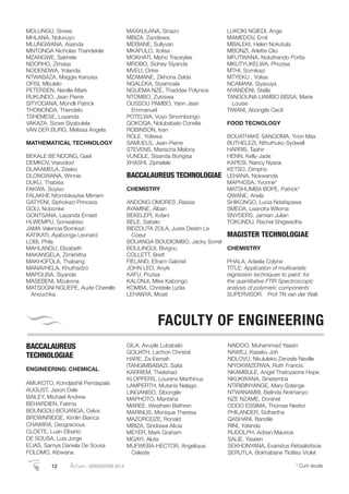 MDLUNGU, Siviwe
MHLANA, Noluvuyo
MLUNGWANA, Asanda
MNTONGA Nicholas Thandekile
MZANGWE, Sakhele
NDORHO, Zimasa
NODENDWA, Yolanda
NTWABAZA, Maggie Kanyisa
OFISI, Mbulelo
PETERSEN, Neville-Mark
RUKUNDO, Jean Pierre
SITYODANA, Mondli Patrick
THONONDA, Thendelo
TSHEMESE, Luyanda
VAKAZA, Sizwe Siyabulela
VAN DER BURG, Melissa Angela
MATHEMATICAL TECHNOLOGY
BEKALE BE NDONG, Gael
DEMKOV, Vsevolod
DLAKAMELA, Ziseko
DLONGWANA, Winnie
DUKU, Thabisa
FAKWA, Soyiso
FALAKHE Ntombikayise Mirriam
GATYENI, Siphokazi Princess
GOLI, Nobonke
GONTSANA, Layanda Ernest
HLWEMPU, Sonwabiso
JAMA Valencia Bomkazi
KATIKATI, Ayabonga Leonard
LOBI, Phila
MAHLANGU, Elizabeth
MAKANGELA, Zimkhitha
MAKHOFOLA, Thabang
MANAVHELA, Khuthadzo
MAPOLISA, Siyanda
MASEBENI, Mzukona
MATSOGNI NGUEPE, Aude Cherelle
Anouchka
MAXAULANA, Sinazo
MBIZA, Zandiswa
MEBIANE, Sullyvan
MKAFULO, Xolisa
MOKHATI, Mpho Traceylee
MROBO, Sidney Siyanda
MVELI, Onke
MZAMANE, Zikhona Zelda
NGALEKA, Siyamcela
NGUEMA NZE, Thaddee Polynice
NTOMBO, Zukiswa
OUSSOU PAMBO, Yann Jean
Emmanuel
POTELWA, Vuyo Sinombongo
QOKOQA, Nolubabalo Conelia
ROBINSON, Ivan
ROLE, Yoliswa
SAMUELS, Jean-Pierre
STEVENS, Marischa Melony
VUNDLE, Sisanda Bongisa
XHASHI, Ziphelele
BACCALAUREUS TECHNOLOGIAE
CHEMISTRY
ANDONG OMORES ,Raissa
AYAMINE, Alban
BEKELEPI, Xolani
BELE, Sabelo
BIDZOUTA ZOLA, Juste Destin Le
Coeur
BOUANGA BOUDIOMBO, Jacky Sorrel
BOULINGUI, Bivigou
COLLETT, Brett
FIELAND, Efraim Gabriel
JOHN LEO, Anyik
KAFU, Pozisa
KALONJI, Mike Kabongo
KOMBA, Christele Lydia
LEHANYA, Moati
LUKOKI NGIEDI, Ange
MAMEDOV, Emil
MBALEKI, Helen Nokutula
MBONZI, Arlette Clio
MFUTWANA, Noluthando Portia
MKUTYUKELWA, Phozisa
MTHI, Somikazi
MTYEKU , Yolisa
NCAMANI, Siyavuya
NYANDENI, Stella
TANGOUNA LIAMBO BISSA, Marie
Louise
TIWANI, Abongile Cecil
FOOD TECNOLOGY
BOUATHAKE SANGOMA, Yvon Max
BUTHELEZI, Nthuthuko Sydwell
HARRIS, Taahir
HENN, Kelly-Jade
KAPESI, Nancy Nyarai
KETSO, Dimpho
LEHANA, Nokwanda
MAPHOSA, Yvonne*
MATSHUMBA BOPE, Patrick*
QWANE, Anela
SHIKONGO, Lucia Ndafapawa
SMEDA, Leandra Wiloma
SNYDERS, Jamian Julian
TOKUNDU, Rachel Shigwedha
MAGISTER TECHNOLOGIAE
CHEMISTRY
PHALA, Adeela Colyne
TITLE: Application of multivariate
regression techniques to paint: for
the quantitative FTIR Spectroscopic
analysis of polymeric components
SUPERVISOR: Prof TN van der Walt
BACCALAUREUS
TECHNOLOGIAE
ENGINEERING: CHEMICAL
AMUKOTO, Kondjashili Pendapala
AUGUST, Jason Dale
BAILEY, Michael Andrew
BEHARDIEN, Fatima
BOUNGOU-BOUANGA, Celva
BROWNRIDGE, Kimlin Bianca
CHAWIRA, Deogracious
CLOETE, Luan Elbarto
DE SOUSA, Luis Jorge
ELIAS, Samya Daniela De Sousa
FOLOMO, Kibwana
GILA, Avuyile Lubabalo
GOLIATH, Lachon Christal
HARE, Za-Eemah
ITANGIMBABAZI, Saﬁa
KARRIEM, Thielshad
KLOPPERS, Lourens Marthinus
LAMPERTH, Mutanis Nelago
LINGANISO, Sibongile
MAPHOTO, Mantsha
MAREE, Westhein Bethren
MARINUS, Monique Theresa
MAZORODZE, Ronald
MBIZA, Sindiswa Alicia
MEYER, Mark Graham
MGAYI, Aluta
MUFWEBA-HECTOR, Angelique
Celeste
NAIDOO, Muhammad Yaasin
NAWEJ, Kasaku Joh
NDLOVU, Nkululeko Zenzele Neville
NIYOKWIZERWA, Ruth Francis
NKAMBULE, Angel Thatoyaone Hope
NKUKWANA, Sinetemba
NTIRIBINYANGE, Mary Solange
NTWANAMBI, Belinda Nokhanyo
NZE NZAME, Dorshel
ODDO ESSIMA, Thomas Nestor
PHILANDER, Sidhartha
QASHANI, Bandile
RINI, Yolanda
RUDOLPH, Adrian Maurice
SALIE, Yaseen
SEKHONYANA, Evaristus Retselisitsoe
SERUTLA, Bokhabane Tlotliso Violet
FACULTY OF ENGINEERING
12 Autumn GRADUATION 2014 * Cum laude
 