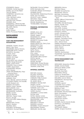 STEENBERG, Eleanor
STEVENS, Camilia Sjuandray
STEWE, Lee-Jorndre Alladin
TAYLOR, Melissa
THOMPSON, Samantha Lisa
TOBANI, Ziyanda
TYALI, Siphokazi Justicia
TYALI, Zintle Onica
VAN DER FORT, Shihaam
WAGNER, Alrick
WASSERFALL, Nikkita Rochelle
WATERBOER, Samonia Marolene
WILLIAMS, Marché
WU, Donglei
XUBA, Gcobani
XWAZI, Phumezwa Phellycitus
BACCALAUREUS
TECHNOLOGIAE
COST AND MANAGEMENT
ACCOUNTING
ARENDSE, Charlton Jacques
BAILEY, Gary Trevor
BAKAMUBIA, Etienne Tshiosha
BANGUEBE KOYO, Charole
BATHATHU, Ncumeka
CLOETE, Ethan
DANIELS, Yazeed
DAVIDS, Clint Edgar
DAVIDS, Ismail
DE VILLIERS, Leon Johannes
DIKENI, Hlanga Nkosinathi
DIRKS, Lentino Anrich
FRANCIES, Frene Jo-Nette
GAMIET, Sayed Saaid
HLAKANYANA, Noluyolo
JACK, Nawaaz
JANSE VAN RENSBURG, Pieter
Johannes Petrus
KAHUNDERA, Gladys
KALIPA, Mnoneleli
KAMNQA, Onke
KELLY, Michele Catherine Winifred*
LEYOUBOU FARRA, Line Graciella
LOUW, Elizabeth-Ann
MAKAKA, Nomasakhe
MARCH, Carren Georgia
MATOLENGWE, Zuko
MBAMBO, Lebohang Cleo
MDONGWANA, Vuyolwethu
MFEBE, Caroline
MGOJO, Nwabisa
MINYUKU, Tsakani Yvette
MLAULI, Alungile
MOTLHATLHEDI, Reﬁlwe-Masego
Brenda
MPISEKHAYA, Zimasa
MQALO, Sibakazi
NDUNGE, Elethu
NGXUMZA, Somilangaye
NJENGELE, Dumisani Melford
NKONJANE, Phumza Cathleen
NYEZI, Nomveliso Anita
PLAATJIES, Meagan Domeneaque
RAHIMAN, Munira
RALENKOANE, Moleboheng Florence
RUFAI, Tayo Humulikary
SCHOLTZ, Lizahn Adelaide
SIPHUNGU, Neliswa
SOGA, Nomaphelo Cornelia
SOLANI, Mzwethemba
TSHAMLAMBO, Nomahlubi
FINANCIAL INFORMATION
SYSTEMS
ADAMS, Anzio John
BARTLETT, Mornay
DAVIDS, Tasleem*
MAGENGELELE, Aphiwe
MAGIDA, Masande
MGQWETO, Vuyokazi Cecilia
MZIBENI, Sabelo
NGARY NDZALUYA, Clency Syna
NKWENTSHA, Onke
NTYIKWE, Lungelwa
NXUMALO, Abongile
NZITA, Phanzu
OMAR, Ibraheem
POLI, Johan
SAMSOODIEN, Ahmed
SELOKOMA, Mpho Ephraim
SHOTA, Namhla
SIGIGABA, Ncumisa
SIJORA, Abongile
SOMFONGO, Zimasa Sibusise
SOTASHE, Nandipa Samantha
YAGRAYA, Zintle Zinkie
INTERNAL AUDITING
BAATJIES, Vanessa
BULAWA, Phathiswa
BURGER, Petrus Abel
CHIBVURI, Phillip Kudzanai
CHIDZIDZI, Godknows
DE JAGER, Mindy
ERASMUS, Nicholas Keith
FISHER, Lucinda
FLATELA, Nangamso Nombasa
GORDON, Carvin John
JANTJIES, Rebecca Salomie
JIJANA, Vuyokazi
JOHANNES, Lucinda Odette
KATOM, Avela
KOTZE, Gladwyn Jandre
LENGISI, Nokubonga Cynthia
MAGONGOMA, Lamla
MAKHASI, Sindile
MAKUBALO, Khanyisa
MANGESI, Luthando
MATAMBO, Tinashe Ashworth*
MAZOKWANA, Paulinah
MBANJWA, Nomhle Juliet
MBENDENI, Akhona
MDYOSI, Philiswa
MHAMBI, Nomasithembe
MNTANYWA, Solomon
MNTWINI, Zamamfengu
MOFOKENG, Eulogius Relebohile
Bashi
MURAU, Millicent Chidochemoyo
MYEZO, Mpendulo
NDYUMBU, Michelle Bongiwe
NGESE, Phindile Junior
NOHAKO, Thembisa
NOLUDWE, Andisiwe
NONDLAZI, Myezo Agreeman Peace
NTSHOLO, Zukiswa
OLIVER, Ashwiena Aneka
PETER, Sibongile Kedy
PETERSEN, Sumay-Yaa
QABAKA, Thembakazi Honey
QOTOYI, Namhla Aviwe
SAAL, Gilmore David
SAMAAI, Moegamat Saadick
SANKQELA, Siphamandla
SASS, Roberto
SITSHI, Akhona
SIZIBA, Nwabisa
TANTATA, Nomthandazo
TSOANYANE, Kgotsofalang Gladys
VOYI, Ntuthuzelo
OFFICE MANAGEMENT AND
TECHNOLOGY
ABRAHAMS, Nedyerdine Christon
ADAMS, Zenobia Natalie
APPOLLIS, Marlee Lynette
BAILEY, Sasha-Lee
BILJOHN, Drew Mark
BROTHERS, Whitney
CAROLUS, Renaldi Rene
CROTZ, Nastasha Henrowete
DEELMAN, Carmen Mishka
FREDERICKS, Veronique Kaye
GELEM, Liziwe
GORDON, Jeanine*
HAUMANN, Eben Le-Mans
LOUW, Magrietha Maria
MARSALA, Keith
MINNAAR, Auben Rosco
MTONGANA, Nokuthembela Cordelia
NDAYI, Ntombekaya
PEKEUR, Tashley Jacklynne
PHILANDER, Robyn
SALVESTER, Ebrahim
SHADE, Fatimah
SITUNDA, Asanda Azaxole Abulele
STOFFELS, Luke Matthew
WILLIAMS, Elzain
WIPPENAAR, Melissa
ZEMBE, Songezo Goodman
16 AutumnGRADUATION 2014 * Cum laude
 