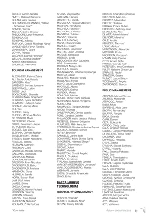 AutumnGRADUATION 2014 23* Cum laude
SILOLO, Ashton Sandla
SMITH, Melissa Charlayne
SOLANI, Alice Bukiwe
SOLOMONS-JOHANNES, Wilfred
Schrevian, Evan*
SOMBO, Wanda
TEJADA, Deidre Shantal
THEODORE, Leroy Frederick
TSHEHLA, Gail
TSHEPHE, Xoliswa
TUFFUOR, Godwill Rowlings Nana*
VAN DE VENT, Farryn Tanisha
VAN NIEKERK, Grant
VOYIYA, Pamela
WAGNER, Leanne Florence*
WELANI, Zikhona Shallort*
XAYIYA, Ntombizodwa
ZIHLWELE, Thembela
TOURISM MANAGEMENT
ALEXANDER, Fatima Zahra
ALI, Bachir Abdul Issufo
BANDERA, Alice*
BARENDS, Corban Jowayne
BEERWINKEL, Lakin
BIGGS, Jodi
BOONZAAIER, Shanelle
CHAWASEMWA, Shepherd*
CHIWAKA, Nyarai Benhilda*
CLAASEN, Lindsay Louise
CRONJE, Jeanne Marie
CUI, Yan
CUPIDO, Kacey
CUPIDO, Monique Allodine
DE SWARDT, Marili
DIEDERICKS, Chene
DIRKS, Severianno Jason
DU PLESSIS, Bianca
ECKLES, Zara Lisa
ELBRINK, Clement Nathan
ENGELBRECHT, Marlize
EYSSEN, Esbeth Nicodene
FAWCUS, Jessica
FELTMAN, Matthew*
FREEMAN, Jurine
GABRIELS, Mikaela Athena
GANJANA, Londoloza
GARWOOD, Melissa
GORDON, Ivana Kim
GREGORY, Ryan Nicholas
GROENEWALD, Betro
GROENEWALD, Marissa
HANEKOM, Elizna
HLOMELA, Sanele
HORN, Suzaan Mari
JAM JAM, Aviwe
JAMES, Siviwe
JIKELA, Cwenga
JOHNSON, Denver Richard
JOHNSON, Yolanda
JORDAN, Shihaam
KATZEN, Travis Daniel
KNOETZEN, Natasha*
KOLANISI, Zintle Raﬁqua
KRAQA, Vulyolwethu
LATEGAN, Elanarie
LITSHETHU, Yonela
MABALEKA, Nolwazi Milliscent
MABHANI, Nondyebo
MACHISA, Patience*
MACHONA, Chiedza*
MAGADLA, Tulisiwe
MAGAZI, Yotando
MAHLO, Lebohang
MANA, Ntombizandile
MANUEL, In’aam
MARONDE, Loveness*
MARTIN, Loren Christina
MATOLE, Sandisiwe
MBENGA, Linda
MBOUGHOU MBA, Laurayna
MDE, Sinethemba
MDEKAZI, Mvuyo Jolly
MJEKULA, Zisanda
MLUNGWANA, Zithobile Siyabonga
MOERAT, Azzah
MOLEFHE, Mokete Horata
MOWLANA, Feroza
MOYO, Louis Grandgrind*
MPOTULO, Alizwa
MUNDEIRI, Garikai
MUREKA, Mariet
NDHLOVU, Meriam
NDUDE, Ukho Enathi Yamkela
NOKHONYA, Nacius Yongama
NUNU, Litha
NYAMANDA, Tshepo Christian
NYONI, Thomas
ONVERWACHT, Glynise Wanita
PERE, Candice Danielle
PHILANDER, Astrid Jessica Melissa
PIETERSE, Edwinah Bridgette
PLAATJIES, Millin Herschel
PRETORIUS, Stephanie Janina Crystal
QULUBA, Zamalisa Ncence
RETIEF, Bronwen
SAMUELS, Janine Jade
SCHWARTZ, Misha Bonita Sarifa
SHIKEMENI, Ndinelao Eﬁnge *
SIGENU, Siyamthanda
SIPOYO, Xolani
THIART, Martelle
THURSTON, Crystal Angelic
TUKELA, Chulekazi
TWALA, Simphiwe
TYALANA, Nontsikelelo Lynette
VAN DER WESTHUIZEN, Johandie*
VAN LOGGERENBERG, Maruis
WIEHMAN, Janneke
ZAZINI, Onwabile Athembele
ZHAO, Enhui
BACCALAUREUS
TECHNOLOGIAE
HOSPITALITY MANAGEMENT
BEKKER, Yolanda*
BESTER, Guillaume Noel*
BETANI, Tracey Tatenda
BEUKES, Chandre Dominique
BOETZKES, Mari-Lou
BURWITZ, Maximilian
CHETTY, Chelsea
CHIRWA, Prince Ruben
CHRISTEN, Anthony Jean
DE VILLIERS, Alex
DE WET, Adele Marlene*
DELPORT, Maretha*
GULE, Andile
KEULDER, Thomas*
LOUW, Maritza*
MEINZINGEN, Alexander
MOTSUMI, Portia
NOORDIEN, Razeeyah
NYMAN, Kelly Carmel
OTTO, Annett Soﬁe
PAPAYA, Tatenda Faith
PIETERSEN, Irma Constance
PULEY, Natasha Grace-Lee
STRAUSS, Nadia*
STRYDOM, Estene
WILMOT, Jason Simon
WOODWARD, Angela
ZAVERDINOS, Bianca
PUBLIC MANAGEMENT
ADRIANO, Manuel Tomas
ANDRIES, Mawande
ATTWOOD, Amien*
BABU, Mfusi
BORRENS, Alicia Jane
BROWN, Remondey*
BULAWA, Fungile
BUQA, Siyanda
CARR, Darren
CEZA, Ziphozihle
CUPIDO, Cindy Jade
DALA, Zingisa Precious
DANISO, Lungile Wilberforce
DE VILLIERS, Tanya Robin
DOLOMBA, Vuyo
DOPHOLO, Nwabisa
DYANI, Zoleka
DYUSHA, Sidwell Sokhana
DYWILI, Nobuntu
FAKU, Sisanda Pellussa
FANA, Sive
FEMELA, Thembalethu
FETILE, Unathi Faith
FILIFANI, Eugene Siyabonga
GALA, Bulelwa
GALA, Zizo Patiance
GEDULD, Floreinach Marco
GEISHI, Nosicelo Louisa
GEORGE, Aphiwe Christopher
GXAKWE, Zikhona
HADEBE, Pertunia Thulile
HERMANS, Sesethu Faith
HINTSHO, Doreen Nondibano
HLASELA, Nwabisa
JACOBS, Morgan Victor
JAXA, Bulelwa Brenda
JOYI, Mfesane
JOYI, Vathiswa
 