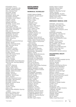 AutumnGRADUATION 2014 27* Cum laude
NTSHONGA, Noluvo
OLIPHANT, Aangerette Julia
PAPAMA, Bulelwa Abysinia
PAUL, Khanyisa Pearl
PAULSON, Daniele
PEKISO, Nonkululo
PETERSEN, Jeanita Jean
PETERSEN, Shahieda
PETERSEN, Vincent Willrich
PHALISO, Zimasa
PHAPHU, Olwethu
PIENAAR, Mornique
PIETERSE, Carmen Janice
PLAATJIE, Honjiswa
PONI, Olwethu Asanda
PRETORIUS, Elisia Wajonette
QHWITHANI, Thandokazi
RANI, Akhona
RASMENI, Buyiswa Vivian
RENGQWA, Nomacebo
RENSBURG, Rozanne
ROMAN, Nicole Emilene
RONO, Nokuphiwa
ROSE, Gail
SAMPSON, Cassandre Monique
SIKADE, Aphiwe
SITHOLE, Nolwande Acatia
SMIT, Beronique Nicole
SMITH, Kaylin
SOYIZWAPI, Vuyiseka
STOFFELS, Alexis Mary
STOLS, Gayno Yolanda
STORM, Leandro
THETHANI, Noxolo Rachel
THEYS, Ilse Sabrina
THOMAS, Theren
TOFILE, Bukelwa
VALELO, Vuyelwa
VAN DER ROSS, Rachel Berendina
VAN ROOYEN, Veronique Matholy
Chaneel
VAN WYK, Stephanie
VAN ZYL, Elsje Hester
VANQA, Nolitha Thelma
VINNES, Patricia Marshallaine
VISAGIE, Adeline Esmarelda
VISSER, Vivienne
WAMBU, Tembakazi
WARNICK, Alecia Nosay
WAXA, Honjiswa
WELLEM, Nokwanda Eunece
WILLEMSE, Gale Genevieve
WILLEMSE, Shariefa
WILLIAMS, Candice Nicole
WOOD, Nadine
YAPHI, Bulelwa
YEKANI, Lusanda
ZASS, Cindy
ZIBEOEN (Nee ARENDS), Sharmlyn
Laylane
ZIHLWELE, Zoliswa Joyce
ZOLA, Vathiswa Veronica
ZUNGULA, Thamara Abongile
ZWEDALA, Noxolo
ZWENI, Dikokazi
BACCALAUREUS
TECHNOLOGIAE
BIOMEDICAL TECHNOLOGY
ADAMS, Matthew Mellville
ALDWORTH, Nicolene Sarah*
BALOYI, Thandi
BALOYI, Vulani Portia
BOTILE, Anelisa
CARR, Yusra
CONRADIE, Pieter
DE BEER, Alrika
DE COCQ, Olga Sharon
DHLIWAYO, Loreen*
DOLO, Palesa Lucretia
DUBE, Phumuzile
DWABA, Siphokazi
FILANDER, Brandon-Lee
GOBOZA, Mediline*
HLAZO, Mvuseleli
HOOSEN, Rehana Sarfudin
JORDAAN, Audrey Emmerentia
JORGE, Helena Graciete Antonio
KAMATI, Stefanus Hishivimbwa
Shetunyenga
KEBO, Siyabulela
KWENA, Kekeletso Vinocentia
LOMNTU, Bulelwa*
LUBISI, Patience Mhlanhla
MAGAGANI, Tinashe Jasper
MAKASHANE, Nkhahliseng
MASILO, Charles
MATANDA, Mandla Mzontsundu
MATEBESE, Thandokazi
MATIRONGO, Alfred Mentle
MATSHAZI, Don Makwakiwe*
MATSHEZA, Sydney Cedrick
MAVASA, Sonto
MAY, Pumza Akhona
MHLANA, Siphesande
MHLONGO, Ngcumbeka Tandokazi
MKANDLA, Zibusiso
MMENU, Mphalelwa Cordelia
MOKOENA, Thakane Charlotte
MOLOI, Thulisile
MTETANDABA, Khayakazi
MUANTAMA, Balimo Diane
MULLER, Andrea
MUNHUWEYI, Hilory*
MUTEPFE, Brighton*
MUTIZE, Tinashe*
NCHONYANE, Dineo
NDLOVU, Phathutshedzo
NDUKULA, Nocawe
NGQEME, Tabisa
NGWENTLE, Zimbini
NGWENYA, Carol Zethu
NKQENKQA, Vuyiseka
NQAYANA, Nkosinathi Keneth
NTSUNGUZI, Ziyanda Zizipho
NTUMBA MUBENGA, Fanny
NYAMBUYA, Tawanda Maurice*
OLIVIER, Chera
SELEME, Eugine Tselane
SHOKO, Bakani Cuthbert
SIBANDA, Blessed Mike*
SIBANDA, Dumisani*
SOBANTU, Mandisaa Pamela*
TSEWU, Sibusiso
VAN DER MERWE, Nicolette
VAN ROOYEN, Evelyn Roselene
VISSER, Robyn Pearl
WILDSCHUT, Janine Kim
EMERGENCY MEDICAL CARE
ADSHADE, Justin Conway
ALLCHIN, Brian William Henry
ARENDSE, Conway Rubin
BESTER, Beatrix Hendrina
BROOMHEAD, Christopher James
Crawford
BURROWS, Antoinette
DOS SANTOS, Lidia Sharman
DUIMPIES, Sharne Cathy
HARTLEY, Sharika Chantal
JANSE VAN RENSBURG, Sonja
LAING, Yolandi
LEHABE, Caroline Shirley
MAAKE, Tshepo Nelson
MC CORMICK, Gary Michael
MTIMKHULU, Zoleka
SPICER, Richard Michael Frank
SWART, David Leige Lloyd
WINTER, Darren Alan
WYNGAARDT, Wynand Jacobus
OCCUPATIONAL HEALTH
NURSING
BACHER, Annetjie*
CONRADIE, Jacoba Issabella Hermina
DE WET, Anna-Marie
FESTUS, Nicoleen
GRIESSEL, Sonja
GWANYA, Ntombekhaya Monica
KYEI BAFFOUR, Magdalene*
LEVACK, Sarodine Lucricha
MAKELENI, Nomthandazo
MANYATHI, Nonlanhla Angel
MARUFU, Hebson
MLENGA, Kudzai Chengeto
MOYO, Similo (Posthumous award)
MULDER, Rachel Jacoba
MULLINS, Brenda Rose
MUNIAN, Neroshni*
NAIDOO, Navashni*
NHLANHLA, Vangile Emeldah
OLIVIER, Anina*
PILLAI, Dhevi
REYNOLDS, Linda
THOMPSON, Nicoleen Hendrina
TOMSANA, Abongile
VALASHIYA, Vela
VAN DER WALT, Melanie
VENEMA, Natalie*
WARNER, Adele*
WILLIS, Wilma
YABILA, David Nkumincha*
 