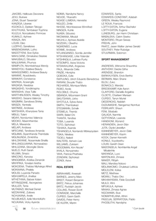 30 Autumn GRADUATION 2014 * Cum laude
JAKOBS, Hellioues Devorene
JEVU, Bukiwe
JONA, Stuart Tawanda*
KANZIGA, Liberee
KGOKOLO, Darleen Tebogo
KHUTHUKA, Tembakazi Tryphina
KULELA, Nonzaliseko Primrose
KUMALO, Aphiwe
KWAZA, Athi
LOUW, Cleo
LUZIPHO, Sanelisiwe
MABENGWANA, Lutho
MADOTYENI, Sive Sylvia
MAHLOANE, Dimakatso Desiree
MAKUBALO, Sibusiso
MALILWANA, Phumza
MAMPUTA, Ntombekhaya Wendy
MANDYOLI, Bulelwa Beauty
MANGQOMBO, Andiswa Beauty
MANIWE, Ncedolwetu
MANKAYI, Constance
MAPASA, Acwengile
MAQAQA, Nwabisa
MAQASHO, Yondikhapha
MARASHA, Viwe Tulile
MARTHINUSSEN, Wesley Timothy
MASEKO, Sesana Valencia
MASIMINI, Sandiswa Shirley
MASIZA, Yamkela
MATINISE, Andisiwe
MATSHAYA, Khanyiswa Tania
MBULI, Tulani
MDAYI, Nondumiso Valencia
MDOKO, Masimthembe
MELA, Mawanda
MELAPI, Andiswa
MFECANE, Tandiswa Amanda
MGIJIMA, Siyamthanda Thembela
MGUNUNDA, Zimkhitha
MHLONYANE, Nosamkele Sheilla
MHLUNGULWANA, Nomaxabiso
MHLUZANA, Sibongile Gloria
MJELO, Ruth Sarah
MLUMA, Sinazo
MNCONO, Kanyisa
MNGQIBISA, Anelisa Zenande
MNYIPIKA, Yonelani Aretha
MOKOENA, Thabiso Mphakga Alfred
MOKWANA, Phelela
MOLISI, Luyanda Panado
MSHUMPELA, Anelisa
MTHETHWA, Babsie Xolani
MTYINGIZANE, Asongezwa
MULLER, Tania
MUTABAZI, Micheal Daniel
MZONYANE, Zoliswa
NCHUKANA, Anele
NCUBUKEZI, Azile Ntombifuthi
NCUKANA, Vicky Ayanda
NDIMA, Nandipha Nancy
NDUDE, Yibanathi
NGASE LUMEKA, Henriette
NGUZO, Zintle
NHOSE, Ntombesizwe Winnifred
NINGIZA, Kuhle
NJABA, Sibusiso
NKOMANA, Mkululi
NKUHLU, Aphiwe Akekile
NOZEWU, Olwethu
NQWENISO, Lucia
NTAME, Andiswa
NTLANGANISO, Somila Jennifer
NTSHANGASE, Lihle Yolander
NTSHINGILA, Lethiwe Purity
NTSOMPO, Asive Victoria
NTSWAHLANA, Angezwa
PAUL, Misanda Celia
PINZIE, Hlonipha
QOBOKA, Ezile
RAPULING, Ulrich Eduardo Benedictus
RARANI, Sivuyile Thabo
RICHARDS, Monique Maria
ROBO, Azola
ROLOBILE, Chuma
SIBANDA, Mdumiseni Grant
SIKUTSHWA, Likho
SIYOTULA, Sylvia Asive
SMITH, Thembakazi
STEGMANN, Schalk
STEMELA, Thembi
SWIRI, Beliet Chi
THANTA, Yandisa
TOBA, Lusanda
TOTO, Siphokazi
TSHAKA, Asanda
TSHANGELA, Nontando Mbikaziyolani
TSIKA, Nikelwa
TSOEU, Naledi
WALTERS, Ashwin-Lee
WILLIAMS, Zukisani
WOODMAN, Kim Nicole*
XHALA, Nonyameko
YAYA, Patricia Phatheka
ZONDANI, Siphokazi
ZONDI, Asive
REAL ESTATE
ABRAHAMS, Aneesah
BARNES, Jeremy Marc
BREET, Robert Benjamin
BRITZ, Petrus Johannes
BRITZ, Rudolph Jacob
COLLINS, Rowan Scott
CONRADIE, Marchelle
CUPIDO, Gavin Garth
DAVIDS, Peter Henry
DE KLERK, Martin
EDWARDS, Sarita
EDWARDS-CONSTANT, Adebah
GREEN, Wesley Raymond
LE ROUX, Francois
LOFTY-EATON, Arthur Bachelor
LOFTY-EATON, Eugene
LUNEBURG, Jan Harm Christiaan
MABALEKA, Calvin Siseko
MONTEIRO, Rhyan Seixas
PREHN, John
RAATZ, Jasen Walter James Gerald
SOUTHEY, Peter Rubidge
STUURMAN, Solomon
SPORT MANAGEMENT
ANDREWS, Wilmorne Shaunitha
ANTHONY, Deidre Githa
ARENDSE, Brandon
BARKHUYSEN, Erick Bertho
BERMAN, Marc Shane
BLOU, Zuko
BONKOLO, Mandisi
BREDEKAMP, Kyle Aaron
CLAYFORD, Danielle Angeline
CLOETE, Charleen Mariaan
CUPIDO, Tarryn Muriel
DIEDERICKS, Nabilah
DUDUMASHE, Nangamso Nomfusi
FEBRUARY, Shaun
FENI, Sibabalo
GALADA, Namhla
GOTYONGA, Lwanda
HANEKOM, Wynand
HERANDIEN, Jevon Stijn
JUTA, Clyde Llewellyn
KANNEMEYER, Jevon Dale
KANNEMEYER, Kayrin
KOCK, Darren Kenneth
KONILE, Vuyolwethu
LOUW, Gareth Dean
MADONSELA, Nonhlanhla Angel
Mbalenhle
MAFANGA, Luvo
MAFENUKA, Zimasa
MAKER, Rifqah
MALI, Mandisa Noluvo
MDLANKOMO, Chulekazi Letticia
MDLELENI, Xolisa
METZ, Matthew
MGWILI, Thabo Oko
MKHANYISWA, Fikile Goodwill
MLILO, Wini
MPUKULA, Aphiwe
MXAKA, Zimasa Agnes
NGCWAMA, Busi
NOMAPHELANA, Athini
PASCUAL SERRATOSA, Pablo
PHOSILITHI, Nandipha
 