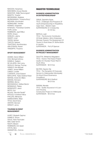 MAGODA, Nosiphiwo
MAKOBENI, Zovuyo Beverly
MASHOVE, Stella Tasununguka*
MAVETO, Tinashe*
MDOKWANA, Sikelewa
MUSIKAVANHU, Tichaona Buzy*
MZUKWA, Khumbulani
NOMADUMO, Yandisa
NTANDO, Ongeziwe
NTSHUDU, Thandokazi Caroline
PUPA, Zonke
ROBINSON, Jayd Wilbur
RORO, Sinazo
SOBUZA, Lulama
SWART, Lindy*
TAFENI, Aphiwe
TOKOTA, Nolizwe
TSHOTSHO, Nomthandazo
VAN STADEN, Robert
YANGAPHI, Thozama
SPORT MANAGEMENT
ADAMS, Derick William
COX, Michael Anthony
DANIELS, Tasleem
DE VILLIERS, Clint Leroy
GEDULD, Ramsay Thomas
HANSLO, Kirk Michael
JONES, James William
LANGA, Lumkile
LODEWYK, Chad Edward
MAHLOPHE, Tsebo Darlene-Robin
MARAIS, Andre De Villiers
MARAIS, Richnard
MEIRING, Morne
MOCWAGOLE, Keﬁlwe Elector
MONAKALE, Palesa
MOSKOVITZ, Jason
MOYO, Eric
MUJAJI, Takunda Gerald*
NTELEZI, Fundiswa Felicia
PHILLIPS, Mkhanyisi
SAMSOODIEN, Bilaal
TITUS, Denzil Dane
VENTER, Bernard
WRIGHT, Jenna
TOURISM IN EVENT
MANAGEMENT
AURET, Elizabeth Daphne
DANIELS, Shona
GOUS, Henk Faschulein
MAY, Soleil Tamrin
NGOYI, Mariam
ROBINSON, Erin Sarah
STEYN, Mimi
SWANEPOEL, Corinne
MAGISTER TECHNOLOGIAE
BUSINESS ADMINISTRATION
IN ENTREPRENEURSHIP
GWIJA, Saphetha Appie
TITLE: Challenges And Prospects Of
Youth Entrepreneurship In Khayelitsha,
Cape Town, Western Cape
SUPERVISORS: Dr C Eresia-Eke
Dr CG Iwu
MATELA, Leah
TITLE: The Economic Contribution
Of Small, Medium, Micro Enterprises
(Smmes) Towards The Development Of
Tourism In Rural Areas Of Botha-Buthe
In Lesotho
SUPERVISOR: Prof JP Spencer
BUSINESS ADMINISTRATION
IN PROJECT MANAGEMENT
GALETTA, Wilhelmina Magdalene
TITLE: Factors That Impact Project
Quality At A Nuclear Power Plant In
South Africa
SUPERVISOR: Mr S Fore
MUTIRO, Newton Sly
TITLE: The Perception Of Corporate
Service In A Metropolitan Municipality
On King III Good Governance
Compliance
SUPERVISORS: Mr A Radford
Mr S Fore
RARANI, Manelisi
TITLE: Quality Assurance In A Low–
Cost Housing
Construction Project In A Metropole
SUPERVISOR: Mr S Fore
32 Autumn GRADUATION 2014 * Cum laude
 