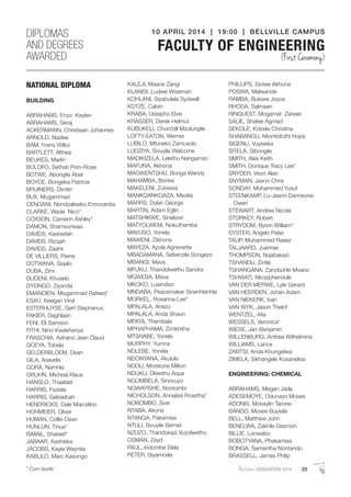 AutumnGRADUATION 2014 33* Cum laude
NATIONAL DIPLOMA
BUILDING
ABRAHAMS, Enzo Kaylen
ABRAHAMS, Seraj
ACKERMANN, Christiaan Johannes
ARNOLD, Nazlee
BAM, Frans Wilko
BARTLETT, Althea
BEUKES, Marlin
BOLOFO, Sethati Prim-Rose
BOTWE, Abongile Abel
BOYCE, Bongeka Patricia
BRUINERS, Dimitri
BUX, Mugammad
CENGANI, Nondzaliseko Ennocentia
CLARKE, Wade Nico*
COXSON, Camerin Ashley*
DAMON, Shamsunisaa
DAVIDS, Kashiefah
DAVIDS, Rizqah
DAVIDS, Zaahir
DE VILLIERS, Pierre
DOTWANA, Siqalo
DUBA, Zimi
DUDENI, Khuselo
DYONGO, Ziyanda
EMANDIEN, Mogammad Rafeeq*
ESAU, Keegan Virol
ESTERHUYSE, Gert Stephanus
FAKIER, Daghlaan
FENI, Eli Samson
FITHI, Nino Kwakhanya
FRASCHIA, Adriano Jean Claud
GCEYA, Tobela
GELDERBLOEM, Dean
GILA, Asavela
GORA, Namhla
GRUHN, Micheal Klaus
HANSLO, Thaabiet
HARRIS, Faziela
HARRIS, Gabeebah
HENDRICKS, Dale Marcelino
HOHMEIER, Oliver
HUMAN, Collis-Dean
HUNLUN, Tinus*
ISMAIL, Shareef*
JABAAR, Aashieka
JACOBS, Kayla Waynita
KABULO, Marc Kasongo
KALEJI, Maane Zangi
KLANISI, Ludwe Wiseman
KOHLANI, Siyabulela Sydwell
KOTZE, Calvin
KRABA, Usisipho Elvis
KRASSER, Derek Helmut
KUBUKELI, Churchill Mzulungile
LOFTY-EATON, Werner
LUBILO, Mfuneko Zamuxolo
LUDZIYA, Sivuyile Welcome
MADIKIZELA, Lelethu Nangamso
MAFUNA, Akhona
MAGWENTSHU, Bonga Wendy
MAHAMBA, Bonke
MAKELENI, Zukiswa
MANKQANKQAZA, Mxolisi
MARRS, Dylan George
MARTIN, Adam Eglin
MATSHIKWE, Sinelizwi
MATYOLWENI, Nokuthemba
MAVUSO, Yonela
MAWENI, Zikhona
MAYEZA, Azola Agrienette
MBADAMANA, Sebenzile Songezo
MBANGI, Mava
MFUKU, Thandolwethu Sandra
MGWEBA, Mava
MKOKO, Lusindiso
MNDABA, Peacemaker Sinenhlanhla
MORKEL, Roxanna-Lee*
MPALALA, Anezo
MPALALA, Anda Shaun
MPATA, Thembela
MPHAPHAMA, Zimkhitha
MTSHABE, Yonela
MURPHY, Yumna
NDLEBE, Yonela
NDONYANA, Akulule
NDOU, Moretone Milton
NDUKU, Olwethu Aqua
NGUMBELA, Sinovuyo
NGWAYISHE, Nontombi
NICHOLSON, Annalise Rosetha*
NOBOMBO, Sive
NTABA, Akona
NTANGA, Pakamisa
NTULI, Sivuyile Bernet
NZUZO, Thandokazi Vuyolwethu
OSMAN, Zayd
PAUL, Indombe Elela
PETER, Siyamcela
PHILLIPS, Siviwe Akhona
POSWA, Malwande
RAMBA, Bukiwe Joyce
RHODA, Salmaan
RINQUEST, Mogamat Zaheer
SALIE, Shafee Agmad
SEKOLE, Kobela Christina
SHABANGU, Ntombifuthi Hope
SIGENU, Vuyiseka
SITELA, Sibongile
SMITH, Alex Keith
SMITH, Donique Tracy Lee*
SNYDER, Veon Alan
SNYMAN, Jason Chris
SONDAY, Muhammed Yusuf
STEENKAMP, Lu-Jeann Dannevive
Owen
STEWART, Andrea Nicola
STORKEY, Robert
STRYDOM, Byron William*
SYSTER, Angelo Peter
TALIP, Muhammed Raeez
TALJAARD, Juanrae
THOMPSON, Nqabakazi
TSHANDU, Zintle
TSHANGANA, Zanobuhle Mvano
TSHWATI, Nkosiphendule
VAN DER MERWE, Lyle Gerard
VAN HEERDEN, Johan Adam
VAN NIEKERK, Ivan
VAN WYK, Jason Thelof
WENTZEL, Aﬁa
WESSELS, Veronica*
WIESE, Jan-Benjamin
WILLENBURG, Anthea Wilhelmina
WILLIAMS, Lance
ZANTSI, Anda Khungelwa
ZIMELA, Sikhangele Kosanelisa
ENGINEERING: CHEMICAL
ABRAHAMS, Megan Jade
ADESEMOYE, Odunayo Moses
ADONIS, Mckaylin Tarone
BANGO, Moses Buyisile
BELL, Matthew John
BENELWA, Zakhile Desmon
BILLIE, Lonwabo
BOBOTYANA, Phakamisa
BONGA, Samantha Nontando
BRASSELL, James Philip
DIPLOMAS
AND DEGREES
AWARDED
10 APRIL 2014 | 19:00 | BELLVILLE CAMPUS
FACULTY OF ENGINEERING
(First Ceremony)
 