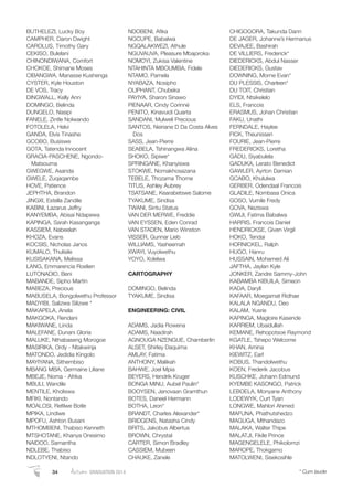 BUTHELEZI, Lucky Boy
CAMPHER, Daron Dwight
CAROLUS, Timothy Gary
CEKISO, Bulelani
CHINONDIWANA, Comfort
CHOKOE, Shimane Moses
CIBANGWA, Manasse Kushenga
CYSTER, Kyle Houston
DE VOS, Tracy
DINGWALL, Kelly Ann
DOMINGO, Belinda
DUNGELO, Nasipi
FANELE, Zintle Nolwando
FOTOLELA, Helvi
GANDA, Elvis Tinashe
GCOBO, Busiswe
GOTA, Tatenda Innocent
GRACIA-PASCHENE, Ngondo-
Matsouma
GWEGWE, Asanda
GWELE, Zuqaqambe
HOVE, Patience
JEPHTHA, Brandon
JINGXI, Estella Zandile
KABINI, Lazarus Jeffry
KANYEMBA, Abisai Ndapewa
KAPINGA, Sarah Kasanganga
KASSIEM, Nabeelah
KHOZA, Evans
KOCSIS, Nicholas Janos
KUMALO, Thulisile
KUSISAKANA, Melissa
LANG, Emmarencia Roelien
LUTONADIO, Beni
MABANDE, Sipho Martin
MABEZA, Precious
MABUSELA, Bongolwethu Professor
MADYIBI, Salizwa Silizwe *
MAKAPELA, Anela
MAKGOKA, Rendani
MAKIWANE, Linda
MALEFANE, Dunani Gloria
MALUKE, Nthabaseng Morogoe
MASIRIKA, Ordy - Ntakwinja
MATONDO, Jedidia Kingolo
MAYIYANA, Sithembiso
MBANG MBA, Germaine Liliane
MBEJE, Noma - Afrika
MBULI, Wandile
MENTILE, Kholiswa
MFIKI, Nontando
MOALOSI, Reﬁlwe Botle
MPIKA, Lindiwe
MPOFU, Ashton Busani
MTHOMBENI, Thabiso Kenneth
MTSHOTANE, Khanya Onesimo
NAIDOO, Samantha
NDLEBE, Thabiso
NDLOTYENI, Ntando
NDOBENI, Aﬁka
NGCUPE, Babalwa
NGQALAKWEZI, Athule
NGUVAUVA, Pleasure Mbajoroka
NOMOYI, Zukisa Valentine
NTAHINTA MBOUMBA, Fidele
NTAMO, Pamela
NYABAZA, Nosipho
OLIPHANT, Chubeka
PAYIYA, Sharon Sinawo
PIENAAR, Cindy Corinné
PENITO, Kinavuidi Quarta
SANDANI, Mulweli Precious
SANTOS, Neiriane D Da Costa Alves
Dos
SASS, Jean-Pierre
SEABELA, Tshinangwa Alina
SHOKO, Sipiwe*
SPRINGANE, Khanyiswa
STOKWE, Nomakhosazana
TEBELE, Thozama Thorne
TITUS, Ashley Aubrey
TSATSANE, Kearabetswe Salome
TYAKUME, Sindisa
TWANI, Sintu Status
VAN DER MERWE, Freddie
VAN EYSSEN, Eden Conrad
VAN STADEN, Mario Winston
VISSER, Gunnar Lieb
WILLIAMS, Yasheemah
XWAYI, Vuyolwethu
YOYO, Xolelwa
CARTOGRAPHY
DOMINGO, Belinda
TYAKUME, Sindisa
ENGINEERING: CIVIL
ADAMS, Jadia Rowena
ADAMS, Naadirah
AGNOUGA NZENGUE, Chamberlin
ALSET, Shirley Daquima
AMLAY, Fatima
ANTHONY, Malikah
BAHWE, Joel Mpia
BEYERS, Hendrik Kruger
BONGA MINU, Aubel Paulin*
BOOYSEN, Jenovaan Gramthun
BOTES, Daneel Hermann
BOTHA, Leon*
BRANDT, Charles Alexander*
BRIDGENS, Natasha Cindy
BRITS, Jakobus Albertus
BROWN, Chrystal
CARTER, Simon Bradley
CASSIEM, Mubeen
CHAUKE, Zanele
CHIGOGORA, Takunda Dann
DE JAGER, Johanne’s Hermanus
DEVAJEE, Bashirah
DE VILLIERS, Frederick*
DIEDERICKS, Abdul Nasser
DIEDERICKS, Gustav
DOWNING, Morne Evan*
DU PLESSIS, Charleen*
DU TOIT, Christian
DYIDI, Ntsikelelo
ELS, Francois
ERASMUS, Johan Christian
FAKU, Unathi
FERNDALE, Haylee
FICK, Theunissen
FOURIE, Jean-Pierre
FREDERICKS, Loretha
GADU, Siyabulela
GADUKA, Lerato Benedict
GAWLER, Ayrton Damian
GCABO, Khululwa
GERBER, Odendaal Francois
GLADILE, Nombasa Onica
GOSO, Vumile Fredy
GOVA, Neziswa
GWIJI, Fatima Babalwa
HARRIS, Francois Daniel
HENDRICKSE, Given Virgil
HOKO, Tendai
HORNICKEL, Ralph
HUGO, Hanru
HUSSAIN, Mohamed Ali
JAFTHA, Jaylan Kyle
JONKER, Zandre Sammy-John
KABAMBA KIBUILA, Simeon
KADA, Daryll
KAFAAR, Moegamat Ridhae
KALALA NGANDU, Deo
KALAM, Yusrie
KAPINGA, Magloire Kasende
KARRIEM, Ubaidullah
KEMANE, Rehopotsoe Raymond
KGATLE, Tshepo Welcome
KHAN, Amina
KIEWITZ, Earl
KOBUS, Thandolwethu
KOEN, Frederik Jacobus
KUSCHKE, Johann Edmund
KYEMBE KASONGO, Patrick
LEBOELA, Monyane Anthony
LODEWYK, Curt Tyan
LONGWE, Mahlori Ahmed
MAFUNA, Phathutshedzo
MAGUGA, Mthandazo
MALAKA, Walter Thipe
MALATJI, Fikile Prince
MAGENGELELE, Phikolomzi
MAROPE, Thokgamo
MATOLWENI, Sisekosihle
34 Autumn GRADUATION 2014 * Cum laude
 