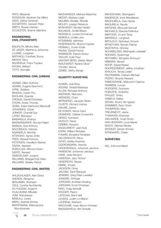 PATO, Masande
ROSSOUW, Abraham De Villiers
SASS, Zelrise Tamerisk
SCHAFFERS, Gerswin Peter
SMITH, Rowan Damian
SYLVESTER, Sharne Valentine
ENGINEERING:
CIVIL (TRANSPORT)
BALIHUTA, Miruho Alain
DE JAGER, Marthinus Johannes
LUJABE, Lungiswa
MATHAGU, Fulufhelo Shony
MICKAY, Elroy
NGHIFIKUA, Frans Tuyoleni
NYOKA, Velisani
TOTO, Abongile
ENGINEERING: CIVIL (URBAN)
ADAMS, Dillon Anthony
ADAMS, Eugene Desmond
APRIL, Bulelwa
BIKISHA, Unathi Prio
BODLANI, Ziyanda
CRONJE, Daniel Christiaan
DYERS, Andre Thomas
GOBA, Xolani Sakhumzi Macnicall
JOHANNES, Zubair
JONKER, Chantal Sue
LATIEF, Marweya*
MABANDLA, Khanya
MASWANGANYE, Bumani Ralph
NDINGA, Sive Anthony
NGCONGCA, Yolanda
NQANDELA, Namhla
NTSHOKO, Agnes Zintle
PEEN, Wessel Francois
PETERSEN, Havellynn Nathan
RAZAK, Nasreen
RUBULUZA, Mthunzi Grant
SAYED, Naveed
SWIEGELAAR, Jurgens
WILLIAMS, Moegammat Deen
WILLIAMS, Wesley Patrick
ENGINEERING: CIVIL (WATER)
AHLSCHLAGER, Alan David
ARENDS, Benjamin
BENJAMIN, Shehaam
CELE, Cynthia Nonhlanhla
DU PLESSIS, Angeron
HLALUKANA, Mbulelo
JONI, Ndzululwazi
MABULU, Liziwe
MAKU, Asanda Dorkas
MAPATWANA, Makosazana
Ntombizanele
MAZHAWIDZA, Mathew Masimba
MEDER, Mathew Leigh
MGIJIMA, Abulele Bhanile
MOLEFI, Lesego Rebecca
MYNHARDT, Nicolas Harald
NGUNDZE, Andile Mwezi
NOGQALA, Luviwe Emmanuel
NOMJILA, Lindile Leon
NTSABABA, Vathiswa
PASIPANODYA, Nhamo Cyprian
PERMALL, Dustin Emile
RAJNA, Daniel Francis
ROBINSON, Patrick Shaun
TAYLOR, Colin Paul
VAN DER BERG, Stefan Albert
WOLFAARDT, Nadine Olivia*
YOUNG, Morne
ZEMBE, Elethu Sango
QUANTITY SURVEYING
ADAMS, Joel-Ross
ADONIS, Sinéad Nastasya
ALLEN, Nicholas Anthony
ANDRADE, Marciano
ARENDSE, Chad
BERNARDO, Jacques Olivier
CLOETE, Richard Joshua
DALWIE, Zerina
DE KOKER, Varcia Carol
DESMORE, Celeste Crusandra
DIKISO, Dumisani
DOOLEY, David
DZIMBA, Nozipho
ENGELBREHT, Jéan Kyle
ESPIN, William Nickalas
FUNANI, Bongeka Penelope
GELDENHUYS, Rikus
GOVO, Ashley Rutendo
GQOKONQANA, Asanda
GROENEWALD, Johannes Jacobus
HANEKOM, Johannes Jakobus
HARE, Jade Winston
HAVENGA, Jaco Tertius*
HENDRICKS, Niyaaz
ISMAIL, Imraan
JACKSON, Omar
JACOBS, Zenit Marques
JENKINS, Greg Peter Lewellyn
JONGWE, Chengai
JORDAAN, Andreas Greyling
JORDAAN, Ernst Christiaan
KING, Craig Ashwell
KRUGER, Rayno
LATEGAN, Brent Neil
LEUKES, Judith Lo-Maine*
LOURENS, Wiehann
MACOUNIE, Ivaan Bevon Christian
MAGQASHELA, Athi Amkele
MAHESHANA, Sibongiseni
MAQEKEZA, Irene Mandlakazi
MAQHUBELA, Zuko Sizwe
MAQUBELA, Naude
MATSHISI, Mtutuzeli Samuel
MICHAELS, Elrechia Ferlindus
MINTOOR, Jo-ann Tania
MKRWELE, Lungiswa
MPOLOLO, Siphokazi Victoria
MTHETHWA, Noxolo Palmar
MUSTAPHA, Shimiez
NCHABELENG, Mathapelo Letebele*
NDONDO, Siyabonga
NDYUMBU, Bongeka Sinovuyo*
NIBIGIRA, Venant
NOOR, Sayed Niyaaz
NOORDERMEER, Jeffrey Jonathan
NYAUCHI, Tendai Leslie*
PALFRAMAN, Graham Michael
PEDRO, Ricardo Rewane
RAMOGAYANE, Mabunchi Caiphus
RASMENI, Luvuyo
RODGERS, Guinivere
RUBUSHE, Ambethe
RYKLIEF, Torieq
SAMELA, Nelisa
SEDAN, Shukry Bin Igsaan
SPAMMER, Reon Grant
THOMPSON, Marc
TREURNICHT, Jeane
TYWAKADI, Khanyisa
VAN AARDE, Hugo Snuts
VAN HEERDEN, Louis Maree
WOCO, Ofentse Mxolisi
WOOKAY, Zaheer Ahmed
WYNGAARD, Chelsi
SURVEYING
NEL, Edmund Albert
36 AutumnGRADUATION 2014 * Cum laude
 