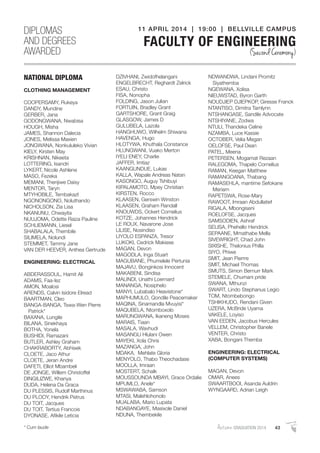 AutumnGRADUATION 2014 43* Cum laude
NATIONAL DIPLOMA
CLOTHING MANAGEMENT
COOPERSAMY, Rukeya
DANDY, Mundine
GERBER, Jana
GODONGWANA, Nwabisa
HOUGH, Misha
JAMES, Shannon Dalecia
JONES, Melissa Maxien
JONGWANA, Nonkululeko Vivian
KIELY, Kirsten May
KRISHNAN, Nikeeta
LOTTERING, Isandri
LYKERT, Nicole Ashlene
MASO, Fezeka
MEMANI, Thenjiwe Daisy
MENTOR, Taryn
MTYHOBILE, TembakazI
NGONONGONO, Noluthando
NICHOLSON, Zia Lisa
NKANUNU, Chwayita
NUUJOMA, Odette Raiza Pauline
SCHLIEMANN, Liesel
SHABALALA, Thembile
SILIMELA, Nolundi
STEMMET, Tammy Jane
VAN DER HEEVER, Anthea Gertrude
ENGINEERING: ELECTRICAL
ABDERASSOUL, Hamit Ali
ADAMS, Faa-Iez
AMON, Moalosi
ARENDS, Calvin Isidore Elread
BAARTMAN, Cleo
BANGA-BANGA, Tswa-Wen Pierre
Patrick*
BAXANA, Lungile
BILANA, Sinekhaya
BOTHA, Yonela
BUSHIDI, Ramazani
BUTLER, Ashley Graham
CHAKRABORTY, Abhisek
CLOETE, Jaco Athur
CLOETE, Jeran Andre
DAFETI, Elliot Mbambeli
DE JONGE, Willem Christoffel
DINGILIZWE, Khanya
DUDA, Helena Da Graca
DU PLESSIS, Rudolf Marthinus
DU PLOOY, Hendrik Petrus
DU TOIT, Jacques
DU TOIT, Tertius Francois
DYONASE, Aﬁkile Leticia
DZIVHANI, Zwidofhelangani
ENGELBRECHT, Reghardt Zelrick
ESAU, Christo
FISA, Nonopha
FOLDING, Jason Julian
FORTUIN, Bradley Grant
GARTSHORE, Grant Graig
GLASGOW, James D
GULUBELA, Lazola
HANGHUWO, Wilhelm Shiwana
HAVENGA, Hugo
HLOTYWA, Khuthala Constance
HLUNGWANI, Vuako Merton
IYELI ENEY, Charlie
JAFFER, Imtiaz
KAANGUNDUE, Lukas
KALLA, Wapale Andreas Natan
KASONGO, Auguy Tshibuyi
KIPALAMOTO, Mpey Christian
KIRSTEN, Rocco
KLAASEN, Gerswin Winston
KLAASEN, Graham Randall
KNOUWDS, Ockert Cornelius
KOTZE, Johannes Hendrick
LE ROUX, Navarone Jose
LILISE, Nosindiso
LIYOLO ESPANZA, Tresor
LUKOKI, Cedrick Makiese
MAGAN, Devon
MAGODLA, Inga Stuart
MAGUBANE, Phumelele Pertunia
MAJAVU, Bonginkosi Innocent
MAKABENI, Sindisa
MALINDI, Unathi Loernard
MANANGA, Nosiphelo
MANYI, Lubabalo Heavistone*
MAPHUMULO, Qondile Peacemaker
MAQINA, Sinamandla Mvuyisi*
MAQUBELA, Ntomboxolo
MARUNGWANA, Ikaneng Moses
MARAIS, Tiaan
MASALA, Wavhudi
MASANGU Hlulani Owen
MAYEKI, Xola Chris
MAZANGA, John
MDAKA, Mehlate Gloria
MENYOLO, Thabo Theochadase
MOOLLA, Imraan
MOSTERT, Schalk
MOUSSOUNDA MBAYI, Grace Ordalie
MPUMLO, Anele*
MSWAWABA, Samson
MTASI, Malehlohonolo
MUALABA, Mario Lupata
NDABANGAYE, Masixole Daniel
NDUNA, Thembekile
NDWANDWA, Lindani Promitz
Siyathemba
NGEWANA, Xolisa
NIEUWSTAD, Byron Garth
NOUDJIEP DJIEPKOP, Giresse Franck
NTANTISO, Dimitra Tamlynn
NTSHANGASE, Sandile Advocate
NTSHIYANE, Zodwa
NTULI, Thandeka Celine
NZAMBA, Luce Kassie
OCTOBER, Velia Megan
OELOFSE, Paul Dean
PATEL, Meena
PETERSEN, Mogamat Rezaan
RALEGOMA, Thapelo Cornelius
RAMAN, Keegan Matthew
RAMANGOANA, Thabang
RAMASEHLA, mantime Sefokane
Meriam
RAPETSWA, Rose-Mary
RAWOOT, Imraan Abdullatief
RIGALA, Mbongiseni
ROELOFSE, Jacques
SAMSODIEN, Ashraf
SELISA, Phehello Hendrick
SEPAANE, Mmathabe Mella
SIVEWRIGHT, Chad John
SIXISHE, Thelonius Philla
SIYO, Phiwe
SMIT, Jean Pierrre
SMIT, Michael Thomas
SMUTS, Simon Bernurr Mark
STEMELE, Chumani pride
SWANA, Mthunzi
SWART, Lindo Stephanus Legio
TOM, Ntombebongo
TSHIKHUDO, Rendani Given
UZERA, McBride Uyama
VAKELE, Loyiso
VAN EEDEN, Jacobus Hercules
VELLEM, Christopher Banele
VENTER, Christo
XABA, Bongani Themba
ENGINEERING: ELECTRICAL
(COMPUTER SYSTEMS)
MAGAN, Devon
OMAR, Anees
SWAARTBOOI, Asanda Auldrin
WYNGAARD, Adrian Leigh
DIPLOMAS
AND DEGREES
AWARDED
11 APRIL 2014 | 19:00 | BELLVILLE CAMPUS
FACULTY OF ENGINEERING
(Second Ceremony)
 