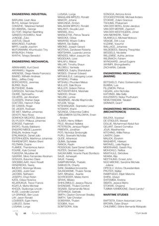 ENGINEERING: INDUSTRIAL
BARUANI, Lisah Alisa
BUYS, Adriaan Simpson
CHIVIZHE, Tafadzwa Herbert
DO AMARAL, George
DU TOIT, Stephan Neethling
GANDOU-KOUMOU, Noel
JUNGQE, Zuko
JUSTUS, Claudi
MAKUNGO, Fulufhelo
MPITI, Leabile Joachim
MUFUNWAINI, Khumbudzo Tiny
MYBURGH, Frikkie
NYATHI, Tshepo Benedict
ENGINEERING: MECHANICAL
ABRAHAMS, Kurt David
ANYANWU, Yagazie
ARENDSE, Diego-Niesta Francisco
BAARD, Wilhelm Andreas
BALL, Jeffrey Craig
BORCHERDS, Jeremias
BURKE, Buck
BUTSHEKE, Bulela
CARDOZA, Nicholas Ronald
CILIWE, Siphosethu
CILLIERS, Jan Abraham
CLASSEN, Shehan Sage
COETZEE, Heinrich Peter
DE CANHA, Roger
DE JAGER, Roshaan
DE WET, Matthys Johannes
DEVOTI, Nico Rossi
DONFACK MEZATIO, Betrand
DU PLOOY, Philipus Johannes
EDROSS, Faatimah
EKOFO, Ruddy Balokano
ENGORO MBOE,Laurentin
ENSLIN, Andrew Hugh
EPALANAGA, Daniel Julio
ESTERHUIZEN, Marthinus Johannes
FAHRENFORT, Marlon Brent
FELTMAN, Duane
FLAMDE, Thembinkosi Aaron
FOURIE, Kyle Conrad
FUKEERA, Muzafeer Ali
GASPAR, Silivio Fernandes Abraham
GOVUZA, Bulumko Claire
GROBBELAAR, Henri Roselt
HENDRICKS, Taariq
IMUSHO, Mutonga Moses
JACOBS, Justin Ivan
JACOBS, Natheem
JOSEPH, Chad Robin
KATA, Odwa Florence
KEJARUKUA, Trevor Francis
KGATLA, Mpho Micheal
KHOZA, Siyabonga Lincoln
KUSE, Lwandle Leonard
LA GRANGE, Ben Louis
LAY, Jason Ronald
LOUBSER, Egan Henry
LUBUZO, Sizwe
LUSANA, Lunga
LUSASA, Lunga
MAKALANI-MPEZO, Ronald
MAKOFI, Johane
MAKUNGA, Zimbini
MALAKANI MPEZO, Ronald
MALANTI, Sivuyile Leon
MARAIS, Anru
MARALETSE, Petrus Taoana
MASOKA, Odwa
MAVAYISI, Wisani Collins
MBAYA, Djo Bajika
MBOND, Joseph Gerard
MCITEKA, Zandisiwe Roberta
MDITSHWA, Luyanda Lennox
MENDES, Nilton Joaquim Da
MGODUKA, Lizwi
MHLAFU, Malusi
MILLAR, Timothy Shaun
MLOBELI, Yamkela
MMBOOI, Sulphy Shandukani
MOSES, Charvan Edward
MPHAHLELE, Lebogang Lucas
MTSEWU, Phelisa
MTSHALI, Phumlani Melusi
MULLER, Dale Bryce
MULLER, Gideon Petrus
MUTHIVHITHIVHI, Matshele
NAIDOO, Shivan
NELANI, Lumka
NKABINDE, Alindile Maphondla
NTLEBI, Yanga
NTSHANGASE, Siqiniseko Lwazi
NTSWAYI, Xhanti
NZUNGA, Chibomba Collins
OBELEMBYA GOTALOWYA, Erwin
Anders
OLIVER, Henry William
PELE, Mvokazi Ndileka
PETERSON, Jenique Ragen
PIMENTA, Jonathan
POTI, Nicholus Simbongile
PURU, Sivenathi Nicholas
QUDE, Athenkosi
QUMA, Siphelele
RANCK, Raylin
ROSSOUW, Sarel Daniel Gottlieb
RUITER, Girshwin Dean
SACAVUMBI, Vicente Paulo Bonifacio
SALIE, Asheeqah
SALIE, Faseeg
SAMPHINYANA, Thabelo
SAMUELTA, Charity
SANI, Sikelelwa Innocentia
SAUNGWEME, Thulani Tendai
SAYI, Mthabisi, Asante
SCHROEDER, Mateo Kermi
SIFAYA, Mbeko
SHIHLOMULO, Jessica Risuna
SHONGWE, Thulani Comfort
SIGABA, Siphamandla Nkosi
SITSHINGA, Sakhele
SMITH, Clayton Donovan Bradley
SMITH, Tyler Christian
SOBEKWA, Thulani
SOGIBA, Vuyo
SOMTSORA, Xola
SONGCA, Akhona Amos
STOCKESTROOM, Micheal Anders
STOKWE, Zolani Gracious
TSHUMA, Phakamani
VAN DER BERG, Andre Jakobus
VAN DER MERWE, Zaanrich
VAN DER WESTHUIZEN, Johan
VAN NIERKERK, Tobie*
VILANKULU, Micheal Ntokozo
VISAGIE, Dirk Lous
VUZANE, Vusumzi
WALLACE, Johannes
WILDEBEES, Bakang Theophilas
WESSELS, Nicolette
WILLEMSE, Authia Jenivive
WILSNACH, Fahiem
WYNGAARD, Jarryd Eugene
XAYIMPI, Bhongolwethu
ZACHARIA, Cebisile
ENGINEERING: MECHANICAL:
(MARINE)
BOTSHELO, Patric Goitsemodimo
BUMBA, Luis
FILLEMON, Petrus
HAGAN, John Nicholas
KATHINDI, Allie-Sella
KHUZWAYO, Nsika Thuthukani
NEMUTANDANI, Takalani
SKINNER, Grant*
ENGINEERING: MECHANICAL
(MECHATRONICS)
BALEKA, Vuyokazi
DE STADLER, Wessel
DOLLIE, Muhammad Abdul Aziz
GELANT, Gerard Cornelius
JOJA, Masithembe
KITCHING, Willie Petrus
LAVERY, Dylan
MALICK, Ebrahim
MASHIBYE, Hitekani
MATAVEL, Leila Regina
MEIERHANS, Gareth Roy
MOHOHLO, Reﬁloe
MXATHULE, Sikholiwe
NDABA, Bija
NEETHLING, Ernest John
NGO MBOND, Sandrine Michele
Juliene
OPEOLU, Victory Oluwadamilare
PRUTER, Walter
RAMPHAGO, Elijah Matome
SHIRA, Ubayd
SHITEMBA, Kristina
SIBATA, Jessica Mpho
STOKWE, Ongama
TUMMA KANMOGNE, David Landry*
MARITIME STUDIES
BAPTISTA, Edson Assuncao Lima
BROWN, Dylan Shaun
CHILEMBO, Eldine Bernarda Matapalo
44 Autumn GRADUATION 2014 * Cum laude
 