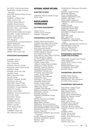 AutumnGRADUATION 2014 45* Cum laude
DA COSTA, Chell Quental Morais
FRANCISCO, Arnaldo Fernando
Macongo
GARUREB, Matheus Naftali Turimuje
GOUS, Zetta*
GUMBRILL, Sheldon Dean
HENN, Johann D’heil
IHEPAALI, Beata Ndeyamo
JANSEN, Richard Ricardo
MARTINS, Rodolfo Sebastiao
MATOSO, Edson Joao Andrade
MICHEALS, Emildene
NDAFYAALAKO, Mekondjo Kondjeni
NELUMBU, Tuwilika Ndeshipanda
PEDRO, Angelo Manuel
PEPINO, Nathaniel Owen
PEYI, Masande
SEQUESSEQUE, Domingos Benjamin
SIMON, Melkisedek
SMITH, Johannes Lourens
SOLEIRA, Gabriel Andre
TUMBO, Joao Pedro
VIEMBE, Pedro Paulo Zage
OPERATIONS MANAGEMENT
DHLAMINI, Sibusiso
FORTUIN, Jamile
GAJI, Thembakazi
GOVUZA, Noluzuko Donatia
IKOUADJA, Lihako Gracia Ornella
JOSEPHS, Ridge
KAKAMA, Yannick Van Oser
LINYANA, Siviwe
MAIFO, Boitumelo Fredah
MAJOZI, Bonga
MANKAYI, Siphelele Knobell
MAPEKULA, Sisa Inga
MARUPING, Boipelo Phyllis
MGINYANA, Bulelani Solomzi
MGOBOZA, Thonayo Ndiphiwe
MKHETHO, Vuyelwa
MKHIZE, Vuyani Albert
MNWANA, Yonela Chrysanthemum
MVUTUZA, Yanga
NCETHEZO, Sekela
NDOMILE, Siyanda
NOMBEMBE, Lutho
NQWABA, Khanyisa
NTANTA, Samkelo
NYATI, Xabiso Gerald
SHUDE, Zanele
TEBOMBO, Wisani Gift
TSIU, Mponeng Truddie
NATIONAL HIGHER DIPLOMA
MARITIME STUDIES
GARUREB, Matheus Naftali Turimuje
GOUS, Zetta*
BACCALAUREUS
TECHNOLOGIAE
CLOTHING MANAGEMENT
JEZILE, Pumza
TSOTSI, Pumla Penelope
XAKANA, Thandokazi
ENGINEERING: ELECTRICAL
AFRICA, Moniemang Angelina
ALMEIDA, Moryvaldo Automio Sylvia
AMAKALI, Efraim Sheehamandje
ARENDSE, Shannon Janine*
BAU, Boaventura Bumba
CHRISTIAN, Alexander Ebben-Esser*
DAVIDS, Mogamat Sameer
DE VILLIERS, Ryno Charl
DOS SANTOS, Gilson Mateus Cardoso
DUDA, Mlondolozi Freedom
DU TOIT, Guillaume Matthys
ENGELBRECHT, Ultric Lorenzo
GODAS, Anelisa Shelly
HAIXULA, Paulina Shalong Ndalipo
HAMDULAY, Zulﬁkar Mannan
HANTISE, Boikhutso Valentine
HARASEB, Michael Richardt
HENDRICKS, Michael John
HITYASHA, Geser Natangwe*
JONAS, Nompumelelo
KABONGO, Tresor Musasa*
KAMATOTO, Eben
KANYINDA, Luse Chrislain
KAURORA, Elnied Uapiza
KOHRS, Arnold Ludaan
LEOTLELA, Mpho Charmaine
LINKS, Dane Joseph
LOEMBA, Palita Manuela
MABIJA, Noluthanda Portia Kathleen
MAKALIMA, Vathiswa
MALAKIA, Set-Son*
MANANGA BAYIMISSA, Khader
Destaing*
MATIKA, Bantubonke Ayatollah
MBANGA, Sisanda
MBENYANA, Zandiswa
MININGWA, Nomonde Siphokazi
MOGAJANE, Keorapetse Mosimaneg
MOUSSOUNDA MBAYI, Grace Ordalie*
MPHAHLELE, Koketso Cornelius
MULAJI, Tshilombo
MVOUEZOLO BAMANA, Bijou Pamela
Chancelvie
NCUBE, Alexander Mandlekosi*
NDJEWEL KENDECK, Clement
NEHALE, Tabita
NGCAI, Unathi
NGHISHEKWA, Shikwetepo Shiyukifeni
Joseph
NJENGA, Joseph Kinuthia
NKOSANA, Masixole
NTULI, Thandeka Celiwe
OKINGA SAMBOHON, Osear
PEARCE, Inge Chleo
POBA, Inaldino Gigueiredo
RAMASEHLA, Mantime Sefokane
Meriam
RAMBA, Sivuyile
SAFARI MUGISHO, Moise*
SAMPSON, Ricardo Alain
SHAMU, Tafadzwa John*
SHIWAMBI, Rut Magano Nahambo
SILVA, Elsa
SIPHENDU, Anele
SMIT, Jean Pierre
SWANEPOEL, Jean-Jacques
TCHIMBAKALA MAMANE, Christ
Aryan
TSHIBASU, Kabongo Bobo Emmanuel
VAN HEERDEN, Cindy Lee
VAN ZYL, Riaan de Vries
WILLIAMS, Lindikhaya*
XORILE, Patricia Thulisiwe
ENGINEERING: ELECTRICAL
(COMPUTER SYSTEMS)
ABRAHAMS, Veaghan Kevin Edward
HARA, Mayamiko
HAYES-FOLEY, Patrick Timothy
MFACA, Buzwe
MUNGANGA KAPAY, Ravic
TUFVESSON, Rhys Grifﬁn
WILSON, Rafeeq
ENGINEERING: INDUSTRIAL
ADAMS, Dennit Quewan
MABUZA, Khanyisile Faith
NASHIDENGO, Taimi Ndafapawa
VILJOEN, Renier Jacobus
ENGINEERING: MECHANICAL
BABUSENG, Katlego Kabelo
BAKALA, Vuyolwethu
BAM, Nathan Ricardo
BARKHUIZEN, Francois
BECK, Steven Richard Meiring
BENFORD, Stephan George*
BIOBIO, Pitu Victor
BRANDT, Keenan
BRITS, Jean Jacobus
CHRISTIE, Byron Granville
CLOETE, Reginald Marco
COETZEE, Jacobus Jordaan
DONKOR, Ebenezer Nana Kwaku
Badu
DYOBISO, Nelisa
FOURIE, Hans Jacob*
FRYER, Nico Reynier
GENIS, James Samuel Stone
GLENN, Julian
GOLA, Eviwe Luvo
GOUWS, Barry-John
 