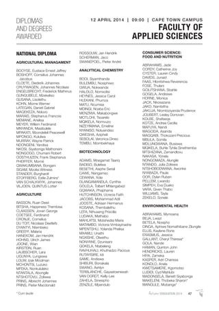 NATIONAL DIPLOMA
AGRICULTURAL MANAGAMENT
BOOYSE, Eustace Ernest Jeffrey
BOSHOFF, Cornelius Johannes
Jacobus
CLOETE, Diederik Johannes
CRUYWAGEN, Johannes Nicolaas
ENGELBRECHT, Frederick Mathinus
GUNGUBELE, Mzekeliso
GUSANA, Lisolethu
KOHN, Morne Werner
LATEGAN, Daniel Gabriel
MAQEKEZA, Noluvo
MARAIS, Stephanus Francois
MEMANE, Anelisa
MEYER, Willem Ferdinand
MNYANDA, Masibulele
MPAKATI, Mzondeleli Peacewell
MPONGO, Kululwa
MURRAY, Wayne Patrick
NDONGENI, Yandisa
NKOSI, Siyabonga Mathonsini
NONGOGO, Chumani Robert
OOSTHUIZEN, Frank Stephanus
PHEIFFER, Morné
QWAKUMBANA, Bongani
SIGAM, Mzolisi Witness
STANDER, Burghardt
STOFFBERG, Estle Zulmira*
VAN SCHALKWYK, Johannes
VILJOEN, QUINTUS Lotter
AGRICULTURE
BASSON, Ruan Deist
BITSHA, Happiness Thembisa
CLAASSEN, Jovan George
COETSEE, Ferdinand
CRONJE, Cornelius
DU TOIT, Nicolaas Deetlefs
DYANTYI, Ntembeko
GREEFF, Malana
HANEKOM, Jan Hendrik
HOHNS, Ulrich James
JOONE, Wian
KIRSTEIN, Ruan
LAUBSCHER, Lara
LIGUNYA, Lungiswa
LOUW, Izak Moolman
MCHONTSI, Luzuko
MFEKA, Nonkululeko
NTANTALA, Abongile
NTSHOTOVU, Zoliswa
PRINS, Albrecht Johannes
PRINS, Pieter Macdonald
ROSSOUW, Jan Hendrik
SCHERMAN, Jaco
SWANEPOEL, Pieter André
ANALYTICAL CHEMISTRY
BOOI, Siyamthanda
BULEMBU, Nosiphiwo
GWIJA, Nokwanda
HALOLO, Nomxolisi
HEYNES, Jessica Carol
HLEKANI, Phumza
MATU, Ncumisa
MDINGI, Nceba Eric
MENZIWA, Makabongwe
MOTLOHI, Tsoarelo
MQIKELA, Nomvuzo
NIZEYIMANA, Emeline
NYANISO, Nolusindiso
QWESHA, Azipheli
SEBOLAI, Veronica Dineo
TEMBU, Ntombekhaya
BIOTECHNOLOGY
ADAMS, Moegamat Taariq
BADISO, Bulelwa
BESETHI, Asiphe Serial
CAWE, Nangamso
CEWANA, Xola
DLANGAMANDLA, Cynthia
GOLELA, Tolbert Mhlangabezi
GQWAKA, Phaphama
HUTCHINSON, Ucrecia Faith
JACOBS, Mohammad Adil
JOOSTE, Adriaan Hermanus
KOSANA, Thembalethu
LEFA, Nthuseng Priscilla
LUDAKA, Mathabo
MAHLATSI, Motshedisi Maria
MATAMBO, Victoria Vimbayinashe
MPENTSHU, Yolanda Phelisa
MXAMLI, Unathi
NGXISHE, Olwethu
NONYANE, Dzunisani
QOKELA, Ntabeleng
RAVHUHALI, Khuthadzo Pacious
RUTAYISIRE, Idi
SAME, Andiswa
SHIBURI, Bonakala
SWANO, Ashlyn
TERBLANCHE, Gayaatoeniesah
VAN OORDT, Kelly-Lee
ZAHELA, Sinesipho
ZENZILE, Mpendulo
CONSUMER SCIENCE:
FOOD AND NUTRITION
ABRAHAMS, Jade
CORDY, Catherine Joy
CYSTER, Lauren Cindy
DAVIDS, Junaid
FAAS, Hlonitshwa Reverencia
FOSE, Thulani
GCILITSHANA, Sbahle
GOGELA, Andisiwe
HORNE, Monica
JACK, Nkosazana
JAKO, Nambitha
JAKUJA, Ntombiziyanda Prudence
JOUBERT, Lesley Donovan
KOLBE, Shafeeqa
KOTZE, Andrea Cecilia
MAFUYA, Nandi
MAGCIDA, Asanda
MAGQABI, Thokozani Precious
MBULA, Somila
MDLUNGWANA, Busiswa
MQIKELA, Buhle Tyhila Sinethemba
MTSHIZANA, Zamandlovu
NAKASA, Yonela
NONGOMAZA, Alungile
NTANDO, Julia Zoliswa
NTSHOBODWANA, Awonke
NYABAZA, Paula
OOR, Dylan Ruben
PELLEM, Lwando
SIMPEH, Eva Duako
VARA, Given Thabo
WILLIAMS, Tayla
ZEKELO, Sonele
ENVIRONMENTAL HEALTH
ABRAHAMS, Mymoena
BEJA, Lwazi
BETELA, Nosipho
DINGA, Aphiwe Nomathibane Zilungile
ELLIS, Kaylene Rone
ERASMUS, Jessica
GALLANT, Cheryl Theresa*
GOLA, Nande
HAMAN, Quinton John
HENDRICKS, Lauren
HIYA, Zameka
KASPER, Adri Charissa
KONDLO, Anela
KWETSAMERE, Kgomotso
LUDIDI, Cyd Mahlubi
MADONSELA, Benett Siyabonga
MAKELENI, Thobeka Sharon*
MANGULE, Mubanga*
DIPLOMAS
AND DEGREES
AWARDED
12 APRIL 2014 | 09:00 | CAPE TOWN CAMPUS
FACULTY OF
APPLIED SCIENCES
AutumnGRADUATION 2014 47* Cum laude
 