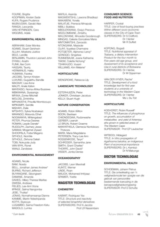 FOURIE, Brigitte
KOOPMAN, Kirsten Sade
KUFA, Rugare Prudence
MUBVUGWA, Gerald Alex
RANGA, Leocardia
VAN HEYNINGEN, Cara
WIGGINS, Adele
ENVIRONMENTAL HEALTH
ABRAHAM, Ester Monika
ADAMS, Stuart Gershwin
ALLAH, Moeketsi Justice
BELE, Landile
BENJAMIN, Thurston Leonard John
DYWILI, Anathi
FLINK, Ilse Corin
HASSAN, Tauriq
HERMANUS, Haley
HUMANA, Fezeka
JACOBS, Tamryn Kristen
LUVUNO, Gugulethu Bandile
MACKAY, Lisa Anne
MALITI, Anele Kelvin
MAYEKISO, Noma-Afrika Busisiwe
MBIKWANA, Siyasanga
MFAXA, Zonke Mitchell
MOLOSI, Zimkhitha
MPHAKATHI, Priscilla Ntombovuyo
MPIKAMPI, Sandile
MQHAYI, Zisile
MTSHIYO, Sylvia Ncebakazi
MWANGO, Mulundu Ethel
NOGWANYA, Mhlangabezi
PETER, Phumza Desiree
ROMAN, Leazle Danele*
RUDOLPH, Zachary Jesse
SAMAAI, Mogamat Ziyaad
SHOOPALA, Foibe Magano
SITHOLE, Nomhle
SITHOLE, Zikhona Deliah
TOBI, Nokuzola Judy
VAN WYK, Ronel
WANJI, Zandisiwe
ENVIRONMENTAL MANAGEMENT
ADAMS, Nicole
BAM, Ncedo
BELL, Jonathan James Andrew*
BURNS, Richard Jefferson
BUYANGANE, Sibongiseni
DAMANE, Amanda
DAVIES, Hillary Theresa Marlise
DWEBA, Andiswa
FIELIES, Lee-Ann Viona
IIPINGE, Selma Nangombe
JEBE, Thulisa*
JONAS, Nomathamsanqa Dianne
KANIME, Martin Ndeshipanda
KOTYI, Siyavuya
LUGAMBO, Saima Freedom Ketu
MADOLO, Lumka
MAFILA, Asanda
MAGWENTSHU, Lawona Bhadikazi
MAKABENI, Yonela
MALATJIE, Prenecia Mmapula
MBILI, Bulelwa
MBOLEKWANA, Ovayo Precious
MGOLOMBANE, Zintathu
MHLONYANE, Mncedisi Goodenough
MINGAS, Celeste Goncalves Maria
MNTONINTSHI, Zanoxolo
NTONGANA, Masixole
OLAYI, Vuyelwa Charmaine
POTGIETER, Alphonso Leroy*
QONGQO, Singatwa
RUNNEBAUM, Joana Katharina
TAKWI, Colette Nchong*
TSHIKHUDO, Vusani
WILLIAMS, Kim Melanie*
HORTICULTURE
WENGROWE, Rebecca Lily
LANDSCAPE TECHNOLOGY
ESTERHUIZEN, Pieter
JONKER, Christiaan Jacobus
KELLY, Stuart Hugh
NATURE CONSERVATION
ADAMS, Robin Wilton
BOON, Bastiaan
CHIONDEGWA, Rudorwashe
GERBER, Leandri
LE BRUN, Robert Graeme
MANYATHELA, Clemecia Nontokozo
Thokoza
MARX, Maria Magdalana
PETERSEN, Tracy-Lee Ann
ROSSENRODE, Taryn*
SCHRODER, Samantha Jane
SMITH, Grant Charles*
THORPE, John David*
VISSER, Jonita Denise
OCEANOGRAPHY
JACOBS, Leon Marshall
KUNTZ, Werner
LINDE, Roan
MALICK, Mohamed Imtiyaaz
SPAMER, Yvette
MAGISTER TECHNOLOGIAE
CHEMISTRY
KABWIT, Rodriguez Yav
TITLE: Structure and reactivity
of selected binaphthyl derivatives
SUPERVISORS: Prof A Jacobs
Prof LR Nassimbeni
CONSUMER SCIENCE:
FOOD AND NUTRITION
HARPER, Crystal
TITLE: Use of food-buying practises
Within different socio-economic
classes in the City of Cape Town
SUPERVISORS: Dr S Crafford,
Dr I Venter
Mr R Duffett
KOPONG, Bogadi
TITLE: Nutritional appraisal of
Tsabana, a dietary intervention
Product for the four month to
Five-years old age group, and
Assessment of its acceptance and
Use in rural districts of Botswana
SUPERVISORS: Dr I Venter,
Dr M Opperman
VAN DER VYVER, Rache*
TITLE: Development of a food
knowledge test for ﬁrst-year
students at a university of
technology in the Western Cape
SUPERVISORS: Dr I Venter
Ms L Du Toit
HORTICULTURE
KOEHORST, Robin Russell*
TITLE: The inﬂuences of phosphorus
on growth, accumulation of
metabolites and yield of Artemisa
afra grown in selected areas of
The Western Cape
SUPERVISOR: Prof CP Laubscher
WITBOOI, Hildegard
TITLE: In Vitro propagation of
Agathosma betulina; an indigenous
Plant of economical importance
SUPERVISORS: Dr L Kambizi
Dr N Makunga
DOCTOR TECHNOLOGIAE
ENVIRONMENTAL HEALTH
SCHOEMAN, Johann Petrus
TITLE: Die ontwikkeling van ‘n
veiligheidsmodel ten opsigte van die
gebruik van persoonlike
beskermende toerusting in die
beroepsveiligheidsomgewing
SUPERVISOR: Prof D Schutte
AutumnGRADUATION 2014 49* Cum laude
 