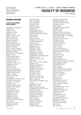 NATIONAL DIPLOMA
HUMAN RESOURCES
MANAGEMENT
ABRAHAMS, Ainsley Garth
ADAMS, Alex*
AHMED, Courtney
ARIEFDIEN, Zayaan
BARKER, Tamzyn
BARNES, Rudlyn Ganeth
BATULA, Ncediswa
BEETS, Adrian Johan
BENELWA, Nelisa Irvin
BEYAPHI, Sibongile
BOKOYI, Miliswa Venessa
BOOI, Siyanda Patience
BOOLEY, Mareldiah
BOTHA, Edwina Thembisa
BRANDT, Michelle Adrianne
BROWN, Noerudeen
BRUCKNER, Lauren Elizaberth
BUDAZA, Yanga
BUNU, Zizodwa Patricia
CHAPANO, Munodani*
CLAASSEN, Sophia Jones
CONJWA, Sivuyile
CONSTANT, Tracy Lee-Ann
CORNELIUS, Charne
CORREIA, Carlo
CROWLEY, Nicole
DAKA, Olwethu Mkhuseli
DAMONS, Meagan Melissa
DANIELS, Althea Trewyn*
DANISO, Thuliswa
DAVIDS, Abdul-Malick
DAYA, Jaydee
DE ALMEIDA, Andromeda Loyde*
DE KLERK, Reece Wynne
DE SOUSA, Rita Janette
DLENDLE, Luntu
DOWERA, Melody Tapiwa*
DRAMAT, Robyn Megan
DU TOIT, Melissa
DWABICUBA, Nobuhle
ENGELBRECHT, Brend
ERASMUS, Amy Dee
FUMBATA, Babalwa
FUNDAKUBI, Zolani
GQOMFA, Nolubabalo
GXEKWA, Nosiphosethu Beryl
HALI, Sinawo
HESS, Taryn Roxanne
HOOSAIN, Farhaana
ISAACS, Lynn*
ISAACS, Mishqah
JACK, Simamkele
JADA, Nozihlwele
JANUARY, Ethan
JANUARY, Liesl
JORDAN, Shareeka
KALAN, Shama
KALIMASHE, Zoliswa
KANNEMEYER, Chandre*
KASOMA MUSIKISALA, Estelle*
KLAAS, Bonga
KLAAS, Xolani
KOCK, Gino Jade
LATEGAN, Divan Norman
LIBAZISO, Sinethemba*
LOUW, Tamson
MABALA, Nandipha
MADIKANE, Lisa
MADORO, Precept*
MADZIYIRE, Tapiwa*
MAGADLELA, Zikhona
MAGODA, Zona Jessica
MAMBUMBU, Nandipha
MANGATANE, Tlotlang Relebogile
MANZANA, Unathi
MARCUS, Candice Lesley
MARU, Inga
MATTHYS, Veronique Janoween
MBESHU, Vuyo
MDINGI, Benzile Stanley
MDODANA, Banele
METSING, Justice Tsehla
MGANDELA, Siphumle
MGQALA, Sisanda
MGUDLWA, Zizipho
MHLONTLO, Lutho
MITCHELL, Alwina Riana
MOELA, Kgomotso Callie
MONI, Jongikhaya
MOULOUNGUI KOUMBA, Jering
Evans
MQUSHULU, Dumisa
MSWESWE, Yanga
MTALA, Songezo Maxwell
MTOMBENI, Noluthando Cecilia
MTSALI, Nandipha*
MTSHAKAZA, Bongiswa
MUCHAYI, Primerose*
MUNGWINI, Faith Talent*
MVAKWENDLU, Atini
MYOLI, Yolanda
NDEDE, Mziyanda
NDHLOVU, Bhekumuzi*
NGCULU, Neliswa
NGESI, Akhona
NGOMA, Leslie Ratna
NGQWALA, Sivuyile Arther
NGXOBONGWANA, Zinzi
NOFUMA, Chwayita Phumela
NORODIEN, Nuraan*
NQAYI, Sobantu
NQAYIMBANA, Eveline Zoleka
NQUMBA, Phelisa
NTONI, Asanda
OBINDJA-BAYARI, Lyne-Sarah
OMARDIEN, Mohammed Armeen
OSSINGA REDOMBO, Lyne Magalie
PATO, Bulelwa Julia
PERCIVAL, Cheronne Ruby
PETERS, Demi-Joe
PIETERSEN, Nathier
PLAATJIE, Nondumiso
PLAATJIE, Odwa
QAKU, Vuyelwa
QETE, Nezisa Precious
RACAZA, Khulukhaya Wilfred
ROSSOUW, Carmen Leonore
RUNU, Awonke
SAAYMAN, Lucinda
SANDE, Maxwell*
SAULS, Asheeka
SCOUT, Babalwa Sylvia
SEBASTIAO, Pascoal Alfredo Baptista
SELLO, Malebogo Aretha
SEPKINS, Charmaine
SIFILE, Mfundo
SIKEPU, Babalwa
SIKHAFUNGANA, Zingiswa Mirriam
SIMBA, Ictiandro Octavio Vicente
SLENGA, Khuselwa
SMITH, Chantel Denise
SMITH, Orion Jade
SMITH, Yumna
SOCIKWA, Sihle
SOLOMONS, Kelly Kirsty
TANDA, Thulisa Vennesa
TAPILE, Patience Thandiwe
TAYO, Linda
THEUNISSEN, Riaan Daniel
TOBIN, Ethan Clive
TOMBIA, Ailton Machado*
VALIPATWA, Nomhle
WEST, Nurhaan*
WEWERS, Rene Petra
WHITTERN, Shaﬁqah*
WILLIAMS-BENN, Vanessa
WINDVOGEL, Melissa
XEGWANA, Lebohang
XOTYENI, Thulani Nqaba
ZANHI, Villa*
ZIBI, Thembela
DIPLOMAS
AND DEGREES
AWARDED
7 APRIL 2014 | 10:00 | CAPE TOWN CAMPUS
FACULTY OF BUSINESS
(First Ceremony)
AutumnGRADUATION 2014 5* Cum laude
 