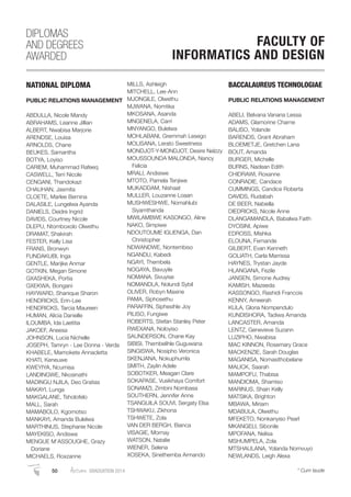 NATIONAL DIPLOMA
PUBLIC RELATIONS MANAGEMENT
ABDULLA, Nicole Mandy
ABRAHAMS, Leanne Jillian
ALBERT, Nwabisa Marjorie
ARENDSE, Louisa
ARNOLDS, Chane
BEUKES, Samantha
BOTYA, Loyiso
CARIEM, Muhammad Rafeeq
CASWELL, Terri Nicole
CENGANI, Thandokazi
CHAUHAN, Jasmita
CLOETE, Marlee Bernina
DALASILE, Lungelwa Ayanda
DANIELS, Deidre Ingrid
DAVIDS, Courtney Nicole
DLEPU, Ntomboxolo Olwethu
DRAMAT, Shakirah
FESTER, Kelly Lisa
FRANS, Bronwyn
FUNDAKUBI, Inga
GENTLE, Marijke Anmar
GOTKIN, Megan Simone
GXASHEKA, Portia
GXEKWA, Bongani
HAYWARD, Shanique Sharon
HENDRICKS, Erin-Lee
HENDRICKS, Tarcia Maureen
HUMAN, Alicia Danielle
ILOUMBA, Ida Laetitia
JAKOEF, Aneesa
JOHNSON, Lucia Nichelle
JOSEPH, Tamryn - Lee Donna - Verda
KHABELE, Mamokete Annacletta
KHATI, Keneuwe
KWEYIYA, Ncumisa
LANDINGWE, Nkosinathi
MADINGU NJILA, Deo Gratias
MAKAYI, Lunga
MAKGALANE, Tsholofelo
MALL, Sarah
MAMABOLO, Kgomotso
MANKAYI, Amanda Bulelwa
MARTHINUS, Stephanie Nicole
MAYEKISO, Andiswa
MENGUE M’ASSOUGHE, Grazy
Doriane
MICHAELS, Roxzanne
MILLS, Ashleigh
MITCHELL, Lee-Ann
MJONGILE, Olwethu
MJWANA, Nomtika
MKOSANA, Asanda
MNGENELA, Carri
MNYANGO, Bulelwa
MOHLABANI, Gremmah Lesego
MOLISANA, Lerato Sweetness
MONDJOT-Y-MONDJOT, Desire Nelzzy
MOUSSOUNDA MALONDA, Nancy
Felicia
MRALI, Andisiwe
MTOTO, Pamela Tenjiwe
MUKADDAM, Nishaat
MULLER, Louzanne Loaan
MUSHWESHWE, Nomahlubi
Siyamthanda
MWILAMBWE KASONGO, Aline
NAKO, Simpiwe
NDOUTOUME IGUENGA, Dan
Christopher
NDWANDWE, Nontembiso
NGANDU, Kabedi
NGAYI, Thembela
NOGAYA, Bavuyile
NOMANA, Sivuyise
NOMANDLA, Nolundi Sybil
OLIVER, Robyn Maxine
PAMA, Siphosethu
PARAFFIN, Siphesihle Joy
PILISO, Fungiwe
ROBERTS, Stefan Stanley Peter
RWEXANA, Noloyiso
SAUNDERSON, Chane Kay
SIBISI, Thembelihle Guguwana
SINGISWA, Nosipho Veronica
SKENJANA, Nokuphumla
SMITH, Zaylin Adele
SOBOTKER, Meagan Clare
SOKAPASE, Vusikhaya Comfort
SONAMZI, Zimbini Nombasa
SOUTHERN, Jennifer Anne
TSANGUILA SOUVI, Sergaty Elsa
TSHWAKU, Zikhona
TSHWETE, Zola
VAN DER BERGH, Bianca
VISAGIE, Mornay
WATSON, Natalie
WIENER, Selena
XOSEKA, Sinethemba Armando
BACCALAUREUS TECHNOLOGIAE
PUBLIC RELATIONS MANAGEMENT
ABELI, Belvana Vanana Lessa
ADAMS, Glamorine Charne
BALISO, Yolande
BARENDS, Grant Abraham
BLOEMETJE, Gretchen Lana
BOUT, Amanda
BURGER, Michelle
BURNS, Nadean Edith
CHIDRAWI, Roxanne
CONRADIE, Candace
CUMMINGS, Candice Roberta
DAVIDS, Rudabah
DE BEER, Nabiella
DIEDRICKS, Nicole Anne
DLANGAMANDLA, Babalwa Faith
DYOSINI, Apiwe
EDROSS, Mishka
ELOUNA, Fernande
GILBERT, Evan Kenneth
GOLIATH, Carla Marrissa
HAYNES, Trystan Jayde
HLANGANA, Fezile
JANSEN, Simone Audrey
KAMISH, Mazeeda
KASSONGO, Rashidi Francois
KENNY, Ameerah
KULA, Gloria Nompendulo
KUNDISHORA, Tadiwa Amanda
LANCASTER, Amanda
LENTZ, Genevieve Suzann
LUZIPHO, Nwabisa
MAC KINNON, Rosemary Grace
MACKENZIE, Sarah Douglas
MAGANISA, Nomasithobelane
MALICK, Saarah
MAMPOFU, Thabisa
MANDIOMA, Shamiso
MARINUS, Shain Kelly
MATSIKA, Brighton
MBAWA, Miriam
MDABULA, Olwethu
MFEKETO, Nonkanyiso Pearl
MKANGELI, Sibonile
MPOFANA, Nelisa
MSHUMPELA, Zola
MTSHAULANA, Yolanda Nomvuyo
NEWLANDS, Leigh Alexa
DIPLOMAS
AND DEGREES
AWARDED
FACULTY OF
INFORMATICS AND DESIGN
50 Autumn GRADUATION 2014 * Cum laude
 