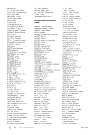 PIO, Chantel
POTGIETER, Jana Beatrix
PRETORIUS, Christine Sarah
PRETORIUS, Elsje*
RAMSAUER, Corne
RETIEF, Lolita Cecilia
RETIEF, Nikki
RONO, Ezelle
ROOI, Belinda Abigail
ROSSOUW, Kim Nicole
ROUSSEAU, Chardia
SAMUELS, Jodie Dominique
SAMUELS, Marilyn Desiree
SARLIE, Kim
SCHULTZ, Lize-Mari*
SCHUTTE, Claudette
SEPKIT, Pamella Esmeralda
SEYMOUR, Kendel Lindsey
SHELDON, Heather
SMIT, Lindie
SMITH, Danadia Leanne
SMITH, Natanya
SNYMAN, Genevieve Bianco
SOLOMONS, Sue-Lindie
STANDER, Louise
STEVENS, Tamsyn
STRYDOM, Liesl
SWANEPOEL, Anda
SWANEPOEL, Estelle
SWANEPOEL, Louna
SWART, Gladia
SWART, Karla
SWART, Megan
THEUNISSEN, Nicola-Mare
THIART, Anzell
THOMAS, Juanique
THOMAS, Tatum Shane
THOMAS, Vadia Simonnnay
TITUS, Suerell Elmien
TOBI, Shanan
TRUTER, Inge
TRUTER, Melissa
VALENTINE, Toni
VAN DER MERWE, Elsebe
VAN DEVENTER, Liandre
VAN EEDEN, Marlize
VAN ROOYEN, Tana
VAN STRIJP, Katelin Alex
VAN TEIJLINGEN, Elda-Marie
VAN ZYL, Ilana*
VERMAAK, Elaine
VERMEULEN, Maryke
VILJOEN, Marize
VISAGIE, Mathilda Magdalena
VISSER, Elizabeth Jacoba*
VOLPATO, Michelle Antoinette
WEBER, Megan Lee
WESSELS, Randie
WILLIAMS, Megan Sheela
WILLIAMS, Wiedaad*
WINTER, Ashlyn Amy
WOLMARANS, Simone Rae
YSSEL, Robin
ZANDBERG, Mine Hester
INTERMEDIATE AND SENIOR
PHASE
ADONIS, Celeste Emilgeo
AHRENDS, Cheslyn Charlize*
ALBERTS, Jaco Meiring
BECK, Suzanne*
BEKAMEVA, Nokuphiwa Ladybright
BESTER, Bianca
BESTER, Celindi*
BESTER, Johannes Augustinus
BESTER, Leche
BESTER, Lu-Ji
BESTER, Sune Michelle*
BOSMAN, Tami Charles
BREMNER, Jared Richard
BREUNISSEN, Leann
BUKA, Khanyiswa
BURGER, Anel
CAROLISSEN, Illse
CHARLES, Nadia
CLOETE, Nicole Angelique
COCHRANE, Edward James Douglas
COETZEE, Anna Helena*
COETZEE, Hermien
COETZEE, Maria Magdalena Petronella
COMBRINCK, Devon Macolm
CONRADIE, Roelani
CORNELIUS, Tanya
CUPIDO, Ludﬁa*
DAUTH, Megan
DAVIDS, Mandy Chandre
DAVIDS, Mogamat Noer
DAVIDS, Tertia Jermaine
DE BRUYN, Devodene Leandra
DE BRUYN, Philippus Lodewicus
DE KLERK, Vincent Abre
DE LANGE, Mart-Mari
DE VILLIERS, Lize
DE WAAL, Aniska*
DELPORT, Larissa Anne
DIEDERICKS, Zanap
DORRINGTON, Eugene
DROTSKIE, Leandi
DU PLESSIS, Danika
DU PLESSIS, Talitha
ECCLES, Victoria Katherine*
ELSTADT, Jean-Pierre
ERASMUS, Liana Smith
ETSON-YOUNG, Sheree
FARRELL, Chanel
FATYELA, Vuyokazi
FENTON, Tyrone Tashwell
FIELIES, Dawid
FILMALTER, Anika
FISHER, Lauren Vaughan
FORTUIN, Deidre
FORTUIN, Glenthia Novelia
FORTUIN, Jolene Martinique
FOURIE, Melanie
FOURIE, Rozanne
FOURIE, Therene
GABIER, Yasmeen
GELDENHUYS, Hilda
GOUS, Martinus Lodewyk
GRAY, Brendon Walter
GROENEWALD, Rene*
HAASBROEK, Enanda
HAMMER, Miche Palley
HANSLO, Craig Ronald
HENDRICKS, Falwah
HENDRICKS, Yvette Morae
HIBBERT, Handre
HLWELE, Nontombi Victoria
HOLLENBACH, Dimitri Marcus
HUGO, Johanel
JACOBS, Monica Isabel
JAMES, Andrea*
JATTIEM, Faseega
JODO, Thembeka Olivia
JONGISA, Nolutengo
KOTZE, Marike Astrid
KOTZE, Zacharias Wilhelmus
KOUTER, Petronella
LARNEY, Ni-Shaatah
LE ROUX, Devan
LEKOTA, Barenice Michelle
LERM, Cormandre
LEWIS, Alicia*
LINTVELT, Rosa Hermina*
LOMBARD, Gylnis Helen
LOURENS, Murhelda Liandra
LOURENS, Sarelle*
LOUW, Hendrik Daniel
LUITERS, Jamie-Leigh Roxanne
MAART, Lizahn Monique
MAART, Nathan
MAARTENS, Nina
MABOTJA, Actress Velisa
MACDONALD, Stefni
MAJUQULANA, Ncumisa
MANUEL, Blanche Caroline
MARTIN, Rizqha
MATTHYSE, Sylrine Chrizelda
MESELE, Koleka Cordelia
MHLONGO, Veliswa
MILISI, Sivuyile
MINNAAR, Carlton*
MOFFAT, Deniel Zenobia
MOHSAM, Nabilah
MOLEFE, Thembalethu
54 AutumnGRADUATION 2014 * Cum laude
 