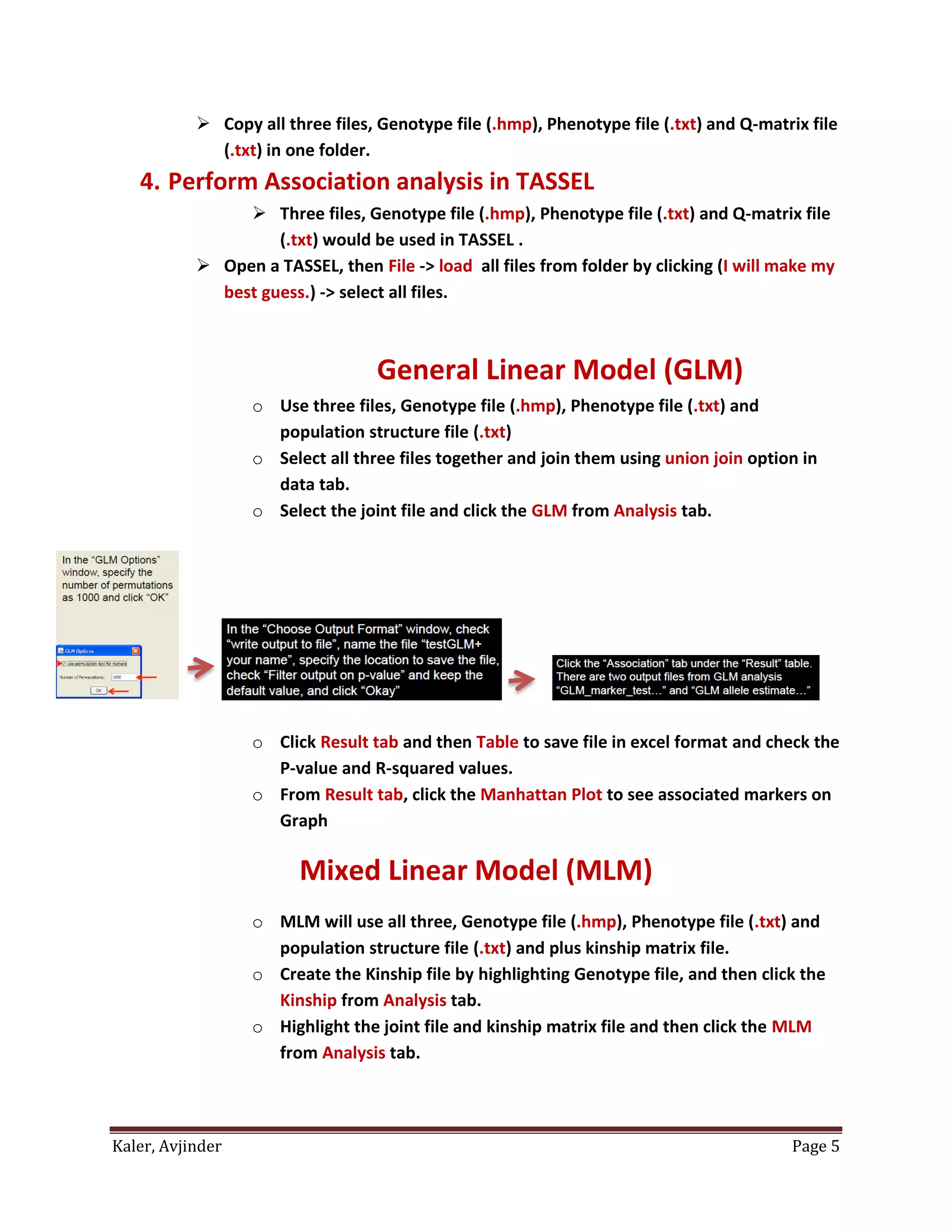 Kaler, Avjinder Page 5
 Copy all three files, Genotype file (.hmp), Phenotype file (.txt) and Q-matrix file
(.txt) in one folder.
4. Perform Association analysis in TASSEL
 Three files, Genotype file (.hmp), Phenotype file (.txt) and Q-matrix file
(.txt) would be used in TASSEL .
 Open a TASSEL, then File -> load all files from folder by clicking (I will make my
best guess.) -> select all files.
General Linear Model (GLM)
o Use three files, Genotype file (.hmp), Phenotype file (.txt) and
population structure file (.txt)
o Select all three files together and join them using union join option in
data tab.
o Select the joint file and click the GLM from Analysis tab.
o Click Result tab and then Table to save file in excel format and check the
P-value and R-squared values.
o From Result tab, click the Manhattan Plot to see associated markers on
Graph
Mixed Linear Model (MLM)
o MLM will use all three, Genotype file (.hmp), Phenotype file (.txt) and
population structure file (.txt) and plus kinship matrix file.
o Create the Kinship file by highlighting Genotype file, and then click the
Kinship from Analysis tab.
o Highlight the joint file and kinship matrix file and then click the MLM
from Analysis tab.
 