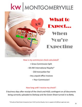 How is my commission check calculated?
+ Gross Commission Split
- 6% KW International Royalty*
- $50 transaction fee
- Any unpaid office invoices
= Your Commission!
How long until I receive my check?
3 business days after receipt of the check and HUD; contingent on all documents
being correctly uploaded to Dotloop and the Green Sheet turned in to Betty.
*Virtually all Real Estate Companies have 5-6% Franchise Royalty. Ours is capped at $3,000 per agent per year.
20.
What to
Expect...
When
You’re
Expecting
 