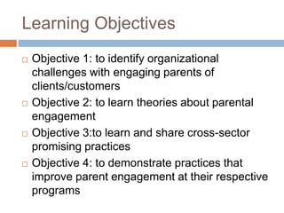 Learning Objectives
 Objective 1: to identify organizational
challenges with engaging parents of
clients/customers
 Obje...