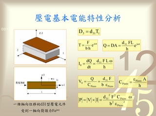 0011 0010 1010 1101 0001 0100 1011
                 Z-3                    D3 = d 31T1

                                              F j ωt                   d 31 FL jωt
                                        T=      e             Q = DA =        e
       2
                                             bh                           h
                                  1


                                             dQ d 31 F L ω
                                        I0 =    =
                                             dt      h
                   z-3
                             E3
                                        V0 =
                                                 Q
                                                         =
                                                              d 31 F                 ε Piezo A
                                                                         C Piezo =
                                  x-1          C Piezo       b ε Piezo                    h
                                                                  2
                                               d 31 F 2 C Piezo ω
                                        P=V×I=                 2
                                                   b 2 ε Piezo
                         力Fejwt
 