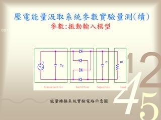 量                        參數                       量
                      參數 1011
0011 0010 1010 1101 0001 0100




                I                                        C      RL
                               Cp




                    Piezoelectric   Rectifier       Capacitor   Load




                           量                    路
 