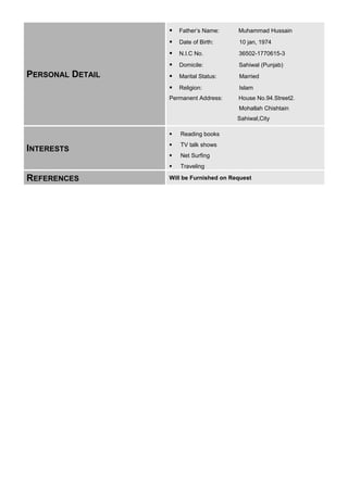 PERSONAL DETAIL
 Father’s Name: Muhammad Hussain
 Date of Birth: 10 jan, 1974
 N.I.C No. 36502-1770615-3
 Domicile: Sahiwal (Punjab)
 Marital Status: Married
 Religion: Islam
Permanent Address: House No.94.Street2.
Mohallah Chishtain
Sahiwal,City
INTERESTS
 Reading books
 TV talk shows
 Net Surfing
 Traveling
REFERENCES Will be Furnished on Request
 
