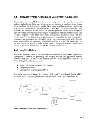 11
1.4 Telephony Voice Applications Deployment Architecture
Contained in the VoiceXML title there is an encapsulation of many hardware and
software technologies. At the user side there is a necessity for a telephone; it can be any
phone that has a microphone and a speaker like a handy, an old conventional telephone or
a “softphone” that runs in a computer and works with VoIP. The telephony network that
connects the telephone to the VoiceXML browser platform involve many telephony
network routers, switches and several signal transportation mediums and techniques like
wireless medium, VoIP, fiber optic lines, conventional telephone boxes (PSTN),
“softswitches”… But these telephony elements can be ignored for the sake of simplicity,
unless they create unexpected effects like latency in communication that will effect the
voice user interface and recursively other decisions in the a VoiceXML application. At
the left side of the Figure 7, these several kinds of telephone network elements and
telephone devices that connect to VoiceXML platform are represented.
1.4.1 VoiceXML Platform
VoiceXML platform is one of the most important elements in a VoiceXML application
deployment. It enables the processing and bridging between the application and the
telephone networks. It acts like an internet browser for the end-user’s telephone. A
VoiceXML platform has 3 main units:
• VoiceXML interpreter (VoiceXML Browser)
• Telephony Gateway
• Configuration and Management Unit
Externally, Automated Speech Recognition (ASR) and Text-to-Speech Engine (TTS)
resources are serving to the platform for speech recognition and speech synthesis tasks.
Figure 7 VoiceXML Deployment Architecture [11]
 