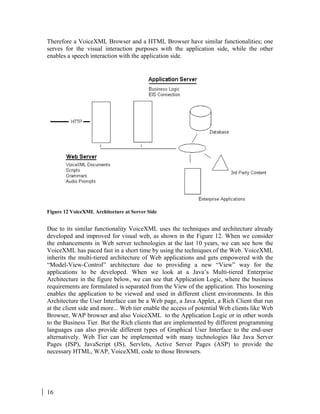 16
Therefore a VoiceXML Browser and a HTML Browser have similar functionalities; one
serves for the visual interaction purposes with the application side, while the other
enables a speech interaction with the application side.
Figure 12 VoiceXML Architecture at Server Side
Due to its similar functionality VoiceXML uses the techniques and architecture already
developed and improved for visual web, as shown in the Figure 12. When we consider
the enhancements in Web server technologies at the last 10 years, we can see how the
VoiceXML has paced fast in a short time by using the techniques of the Web. VoiceXML
inherits the multi-tiered architecture of Web applications and gets empowered with the
“Model-View-Control” architecture due to providing a new “View” way for the
applications to be developed. When we look at a Java’s Multi-tiered Enterprise
Architecture in the figure below, we can see that Application Logic, where the business
requirements are formulated is separated from the View of the application. This loosening
enables the application to be viewed and used in different client environments. In this
Architecture the User Interface can be a Web page, a Java Applet, a Rich Client that run
at the client side and more... Web tier enable the access of potential Web clients like Web
Browser, WAP browser and also VoiceXML to the Application Logic or in other words
to the Business Tier. But the Rich clients that are implemented by different programming
languages can also provide different types of Graphical User Interface to the end-user
alternatively. Web Tier can be implemented with many technologies like Java Server
Pages (JSP), JavaScript (JS), Servlets, Active Server Pages (ASP) to provide the
necessary HTML, WAP, VoiceXML code to those Browsers.
 