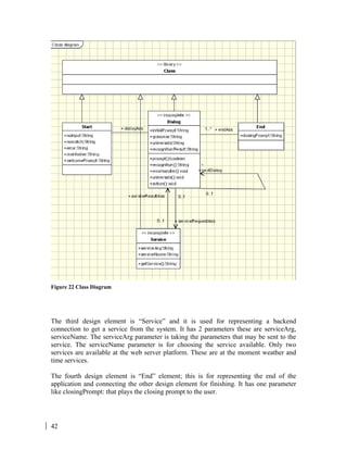 42
Figure 22 Class Diagram
The third design element is “Service” and it is used for representing a backend
connection to get a service from the system. It has 2 parameters these are serviceArg,
serviceName. The serviceArg parameter is taking the parameters that may be sent to the
service. The serviceName parameter is for choosing the service available. Only two
services are available at the web server platform. These are at the moment weather and
time services.
The fourth design element is “End” element; this is for representing the end of the
application and connecting the other design element for finishing. It has one parameter
like closingPrompt: that plays the closing prompt to the user.
 