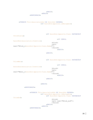 59
«ENDIF»
«ENDIF»
«ENDFOREACH»
«FOREACH This.AssociationEnd AS AssocEnd EXPAND»
«IF AssocEnd.Opposite.isNavigable»
«IF AssocEnd.Opposite.Class INSTANCEOF
VoiceDialog»
«IF ISNULL
AssocEnd.Association.Condition»
<block>
<goto
next="#form_«AssocEnd.Opposite.Class.Name»"/>
</block>
«ENDIF»
«ENDIF»
«IF AssocEnd.Opposite.Class INSTANCEOF
VoiceMenu»
«IF ISNULL
AssocEnd.Association.Condition»
<block>
<goto
next="#menu_«AssocEnd.Opposite.Class.Name»"/>
</block>
«ENDIF»
«ENDIF»
«ENDIF»
«ENDFOREACH»
«FOREACH This.AssociationEnd AS AssocEnd EXPAND»
«IF AssocEnd.Opposite.isNavigable»
«IF AssocEnd.Opposite.Class INSTANCEOF
VoiceEnd»
<block>
<goto next="#form_end"/>
</block>
«ENDIF»
«ENDIF»
«ENDFOREACH»
 