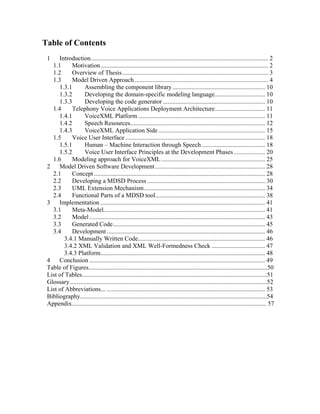 Table of Contents
1 Introduction................................................................................................................. 2
1.1 Motivation........................................................................................................... 2
1.2 Overview of Thesis............................................................................................. 3
1.3 Model Driven Approach ..................................................................................... 4
1.3.1 Assembling the component library........................................................... 10
1.3.2 Developing the domain-specific modeling language................................ 10
1.3.3 Developing the code generator ................................................................. 10
1.4 Telephony Voice Applications Deployment Architecture................................ 11
1.4.1 VoiceXML Platform................................................................................. 11
1.4.2 Speech Resources...................................................................................... 12
1.4.3 VoiceXML Application Side .................................................................... 15
1.5 Voice User Interface ......................................................................................... 18
1.5.1 Human – Machine Interaction through Speech ........................................ 18
1.5.2 Voice User Interface Principles at the Development Phases.................... 20
1.6 Modeling approach for VoiceXML .................................................................. 25
2 Model Driven Software Development...................................................................... 28
2.1 Concept ............................................................................................................. 28
2.2 Developing a MDSD Process ........................................................................... 30
2.3 UML Extension Mechanism............................................................................. 34
2.4 Functional Parts of a MDSD tool...................................................................... 38
3 Implementation ......................................................................................................... 41
3.1 Meta-Model....................................................................................................... 41
3.2 Model................................................................................................................ 43
3.3 Generated Code................................................................................................. 45
3.4 Development..................................................................................................... 46
3.4.1 Manually Written Code................................................................................. 46
3.4.2 XML Validation and XML Well-Formedness Check .................................. 47
3.4.3 Platform......................................................................................................... 48
4 Conclusion ................................................................................................................ 49
Table of Figures..................................................................................................................50
List of Tables......................................................................................................................51
Glossary..............................................................................................................................52
List of Abbreviations... ..................................................................................................... 53
Bibliography.......................................................................................................................54
Appendix............................................................................................................................ 57
 