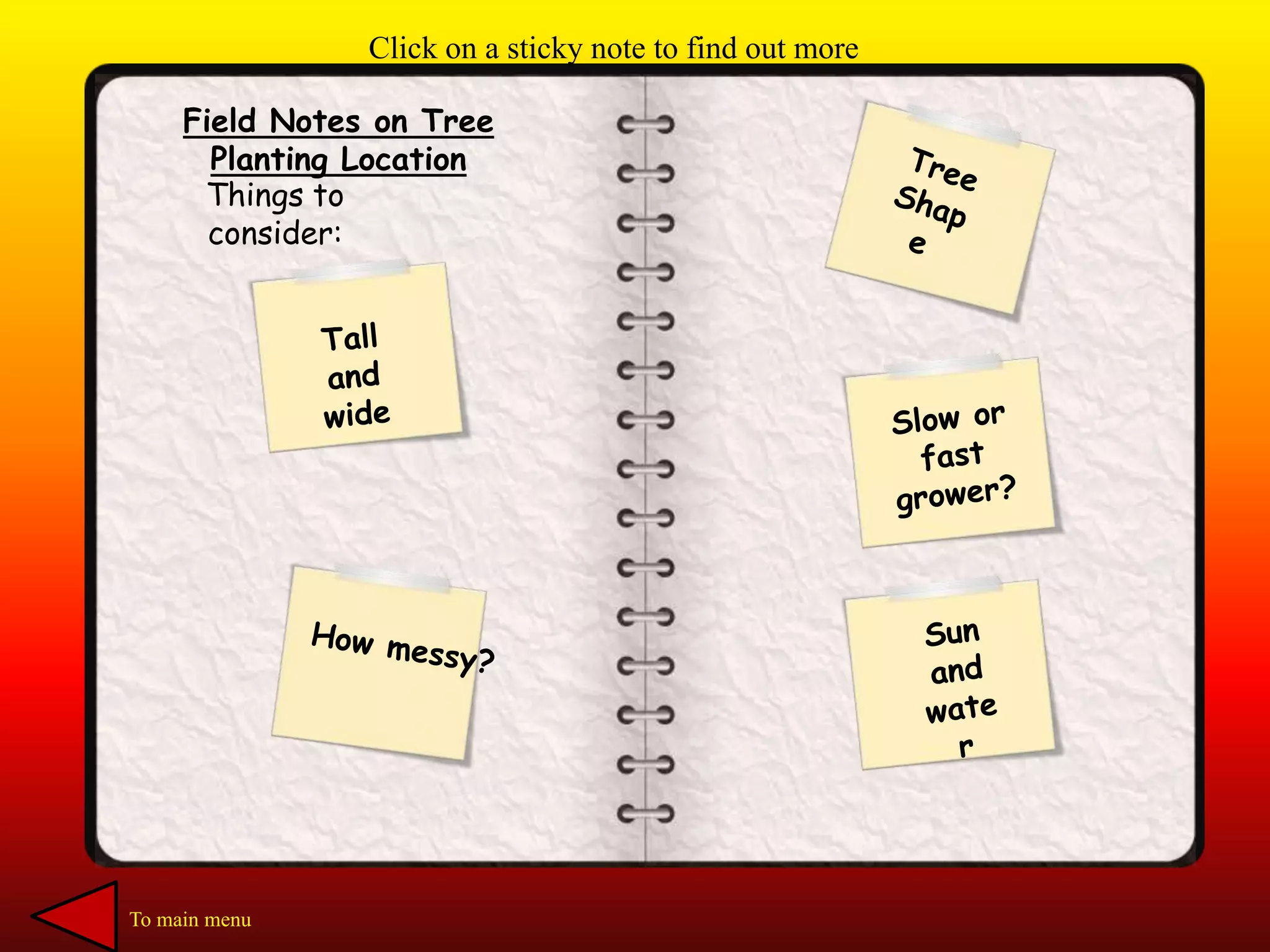 Field Notes on Tree
Planting Location
Things to
consider:
Click on a sticky note to find out more
To main menu
 