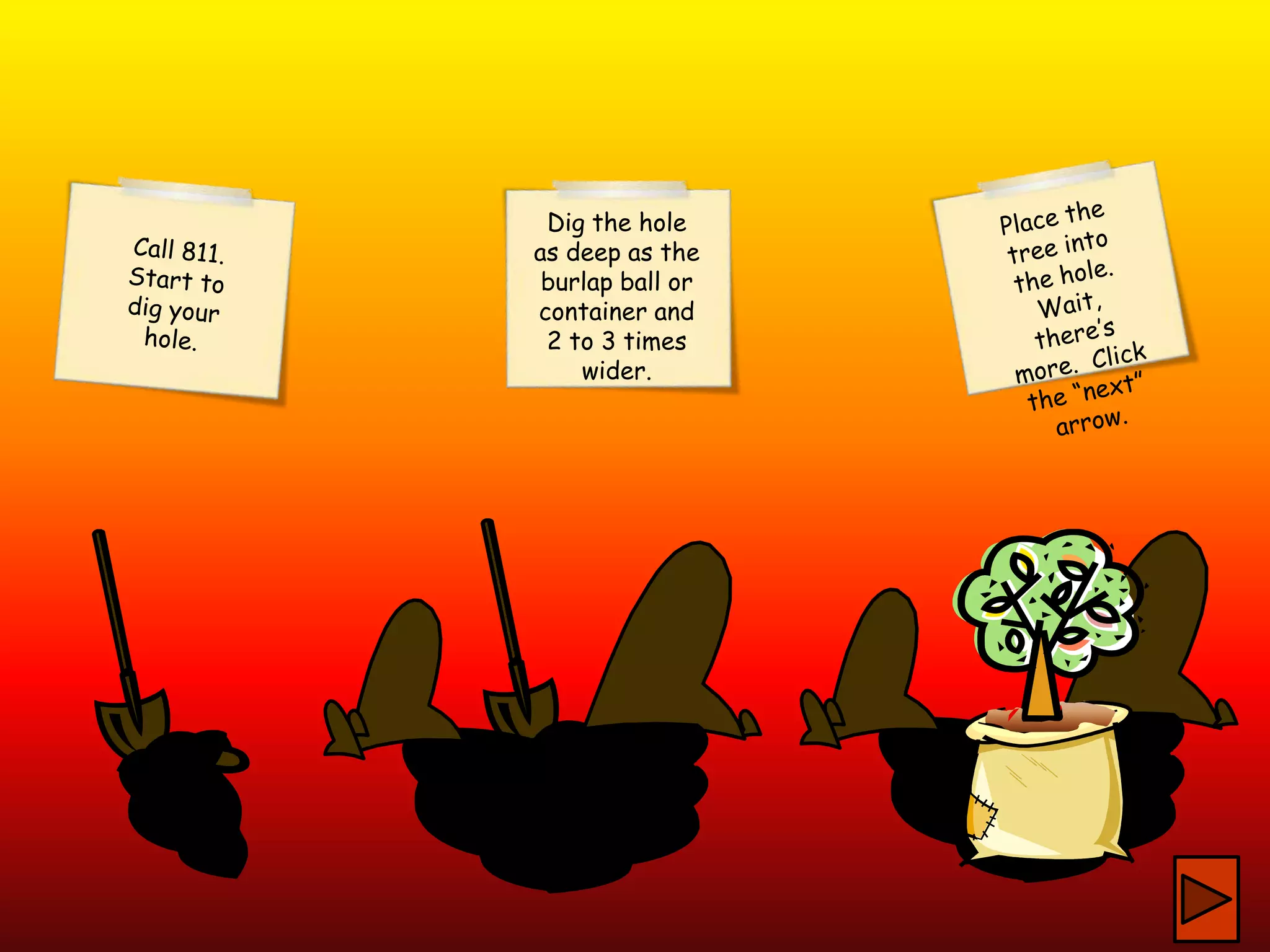 Dig the hole
as deep as the
burlap ball or
container and
2 to 3 times
wider.
 