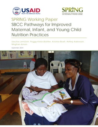 SPRING Working Paper
SBCC Pathways for Improved
Maternal, Infant, and Young Child
Nutrition Practices
Sascha Lamstein, Peggy Koniz-Booher, Kristina Beall, Ashley Aakesson,
Meghan Anson
September 2014
 